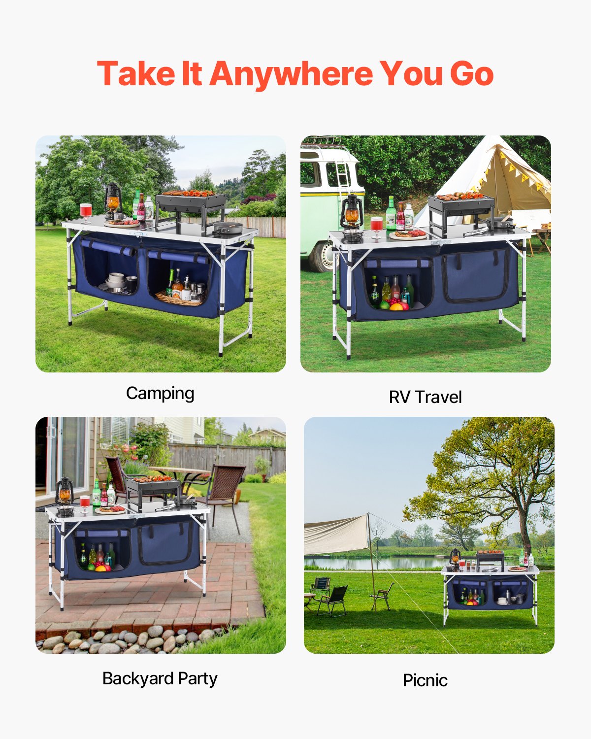Camping Kitchen Table, Folding Outdoor Cooking Table, 3 Adjustable Height, Aluminum Lightweight Portable Cook Station with Storage Organizer, Carry Handle, for BBQ Party Picnic RV Travel, Blue