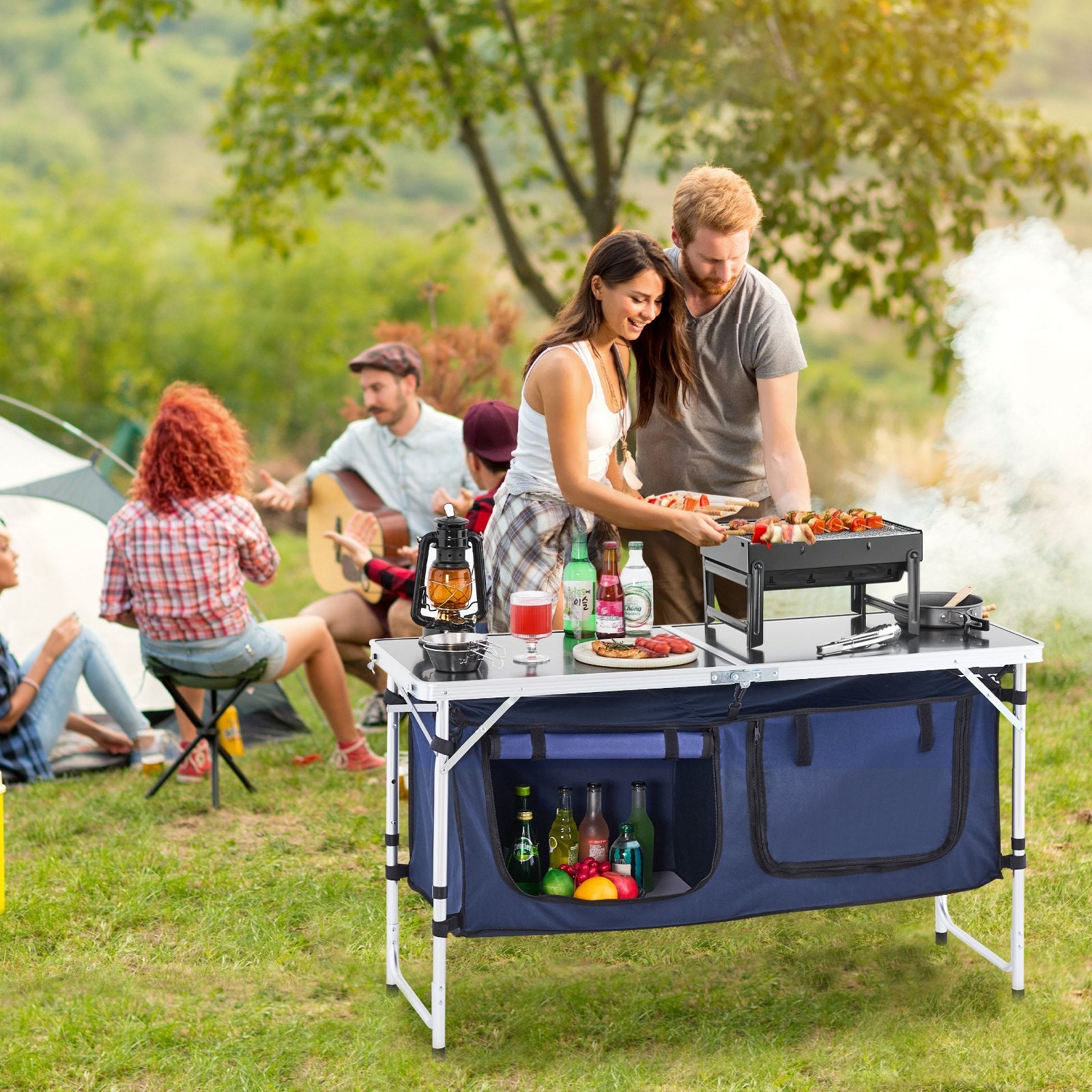 Camping Kitchen Table, Folding Outdoor Cooking Table, 3 Adjustable Height, Aluminum Lightweight Portable Cook Station with Storage Organizer, Carry Handle, for BBQ Party Picnic RV Travel, Blue