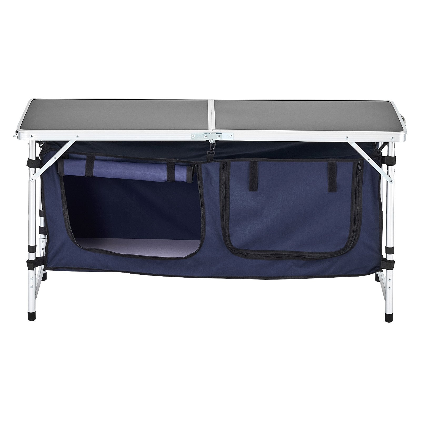 Camping Kitchen Table, Folding Outdoor Cooking Table, 3 Adjustable Height, Aluminum Lightweight Portable Cook Station with Storage Organizer, Carry Handle, for BBQ Party Picnic RV Travel, Blue