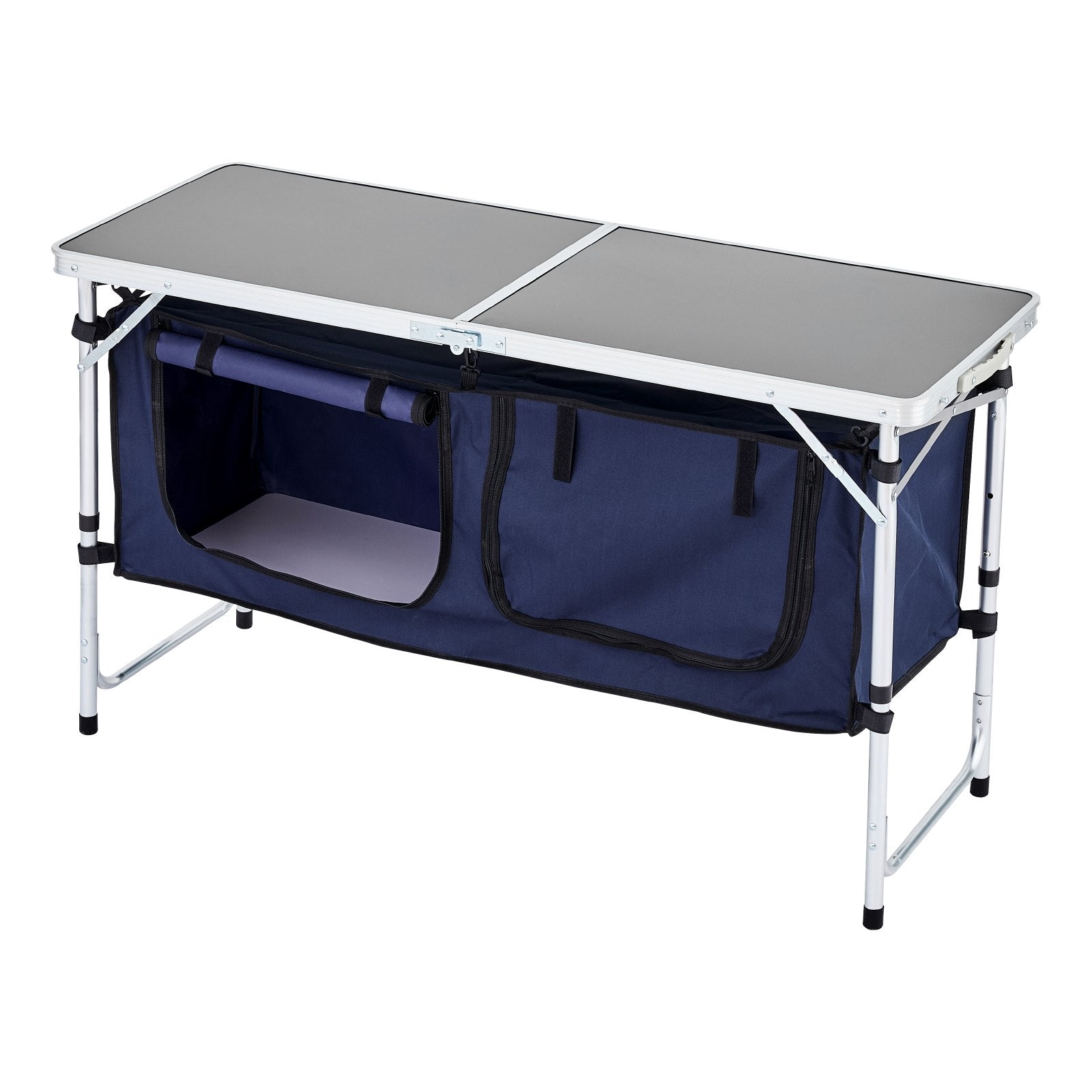 Camping Kitchen Table, Folding Outdoor Cooking Table, 3 Adjustable Height, Aluminum Lightweight Portable Cook Station with Storage Organizer, Carry Handle, for BBQ Party Picnic RV Travel, Blue