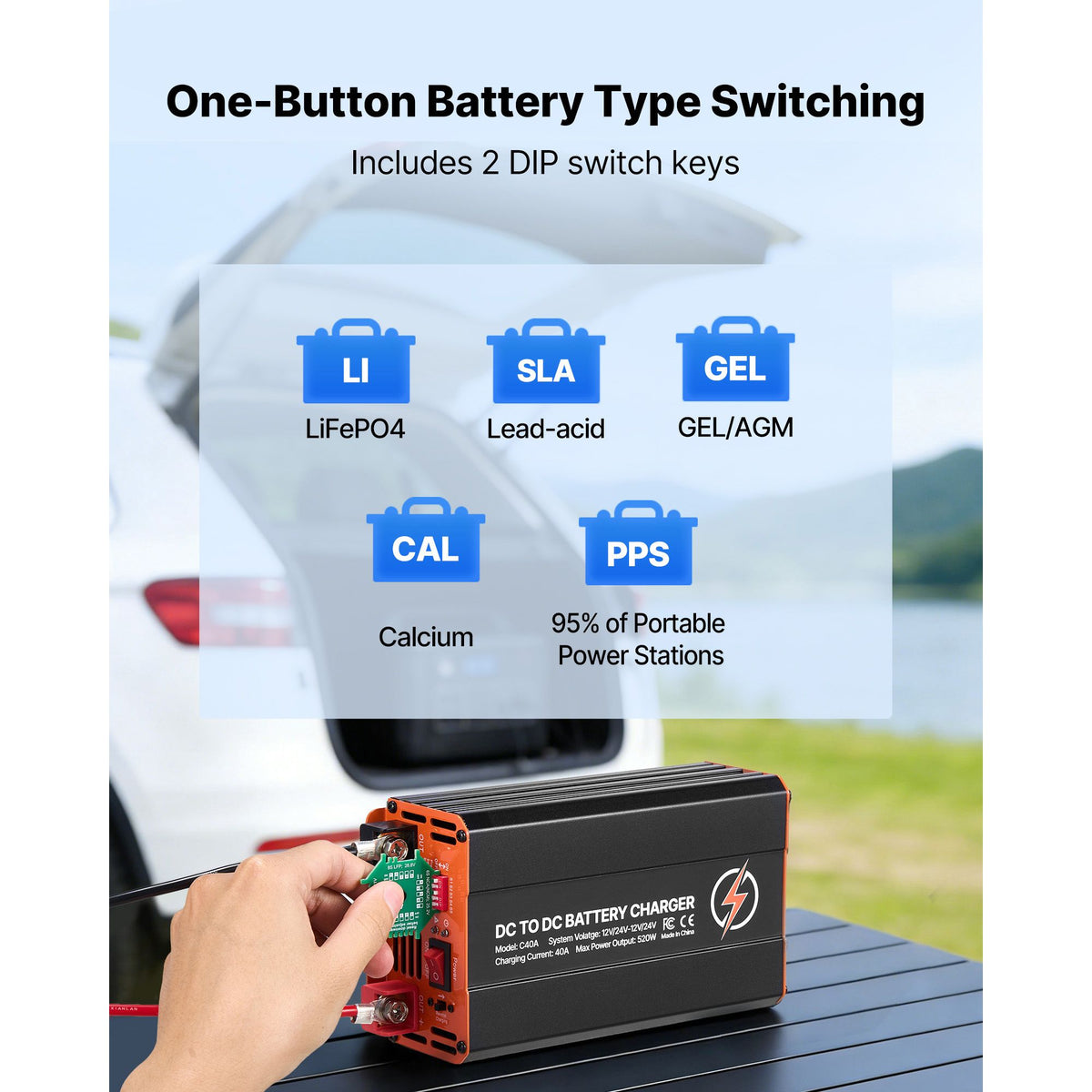DC to DC Battery Charger, 520W, 40A Alternator Charger, Fast DC-DC Charging for Portable Power Stations, Compatible with LiFePO4 Lead-Acid AGM GEL Batteries, for RVs, Cars, Home Backup Power