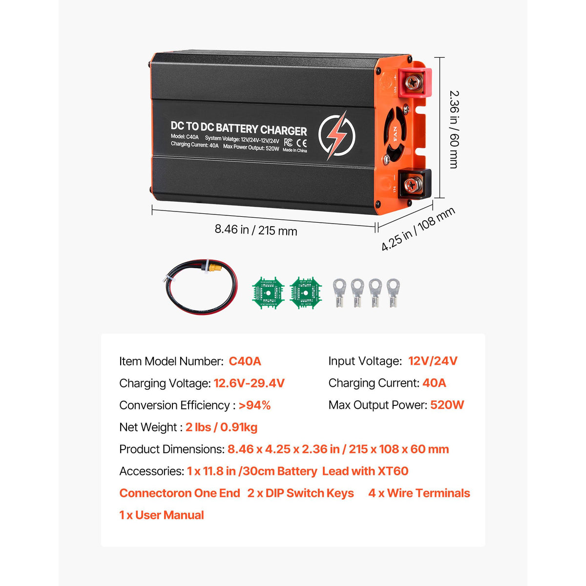 DC to DC Battery Charger, 520W, 40A Alternator Charger, Fast DC-DC Charging for Portable Power Stations, Compatible with LiFePO4 Lead-Acid AGM GEL Batteries, for RVs, Cars, Home Backup Power