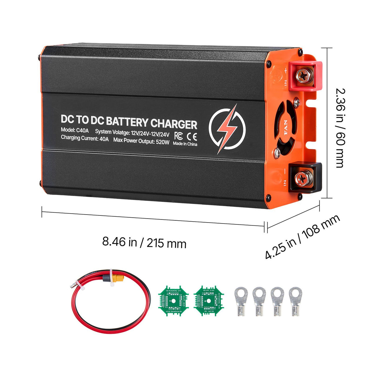 DC to DC Battery Charger, 520W, 40A Alternator Charger, Fast DC-DC Charging for Portable Power Stations, Compatible with LiFePO4 Lead-Acid AGM GEL Batteries, for RVs, Cars, Home Backup Power