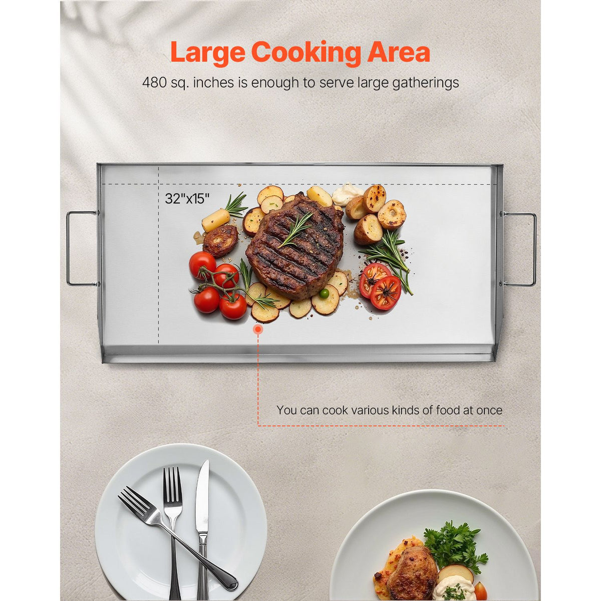 Stainless Steel Griddle, 32x16 inch Universal Flat Top Rectangular Plate, Gas Grill Griddle for BBQ Grill, Teppanyaki, Portable Family Cookware with Handle, for Camping Tailgating Party
