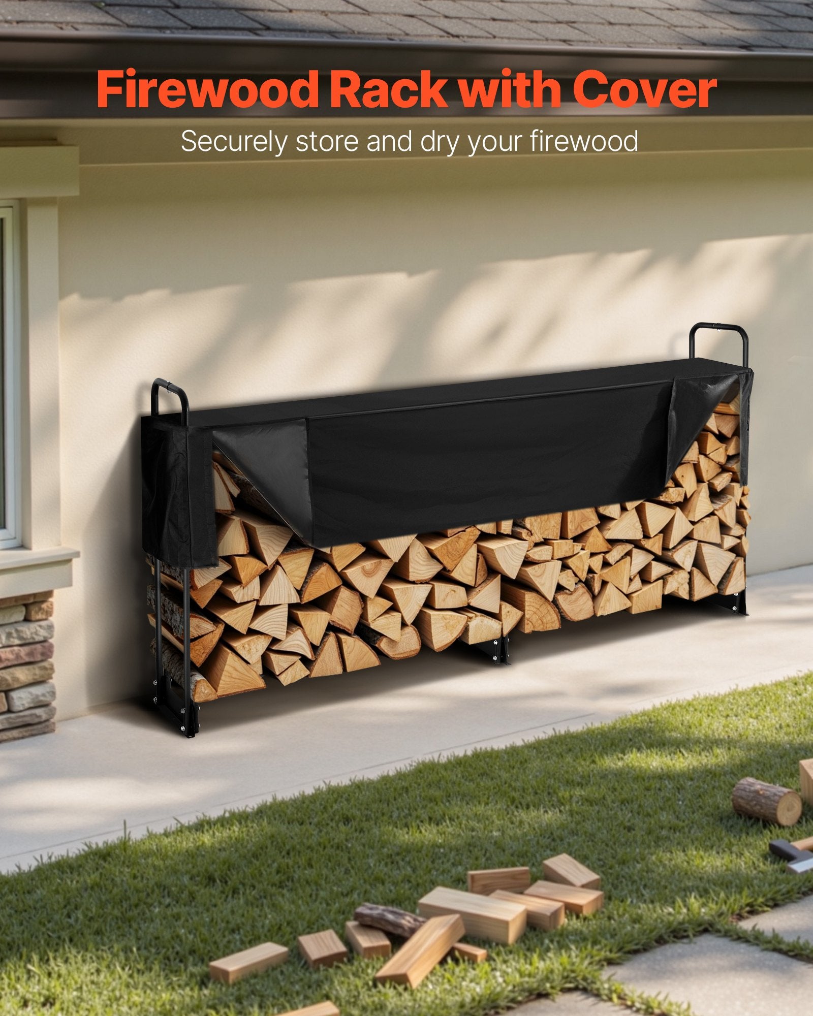 Coat Racks: VEVOR Firewood Rack with Waterproof Cover, 257 x 36 x 117 cm Outdoor Firewood Holder, 660lb Weight Capacity, 1/2 Cord Log Holder, Half-Covered, Powder-coated Wood Storage Rack for Fireplace Deck