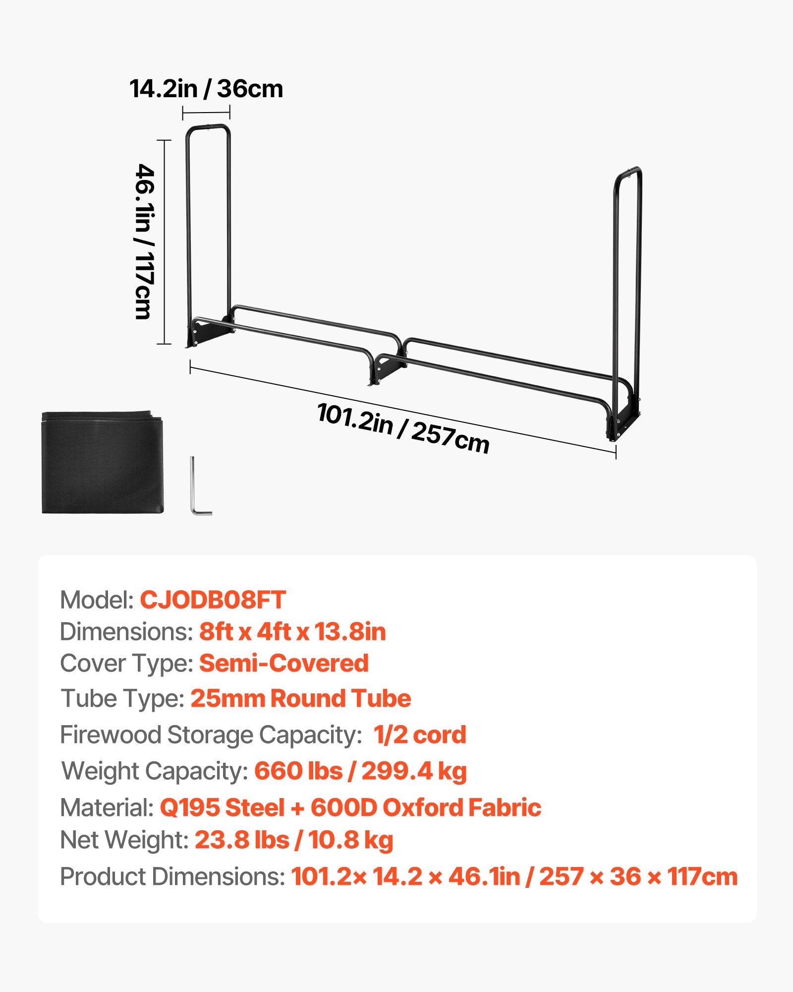 Coat Racks: VEVOR Firewood Rack with Waterproof Cover, 257 x 36 x 117 cm Outdoor Firewood Holder, 660lb Weight Capacity, 1/2 Cord Log Holder, Half-Covered, Powder-coated Wood Storage Rack for Fireplace Deck