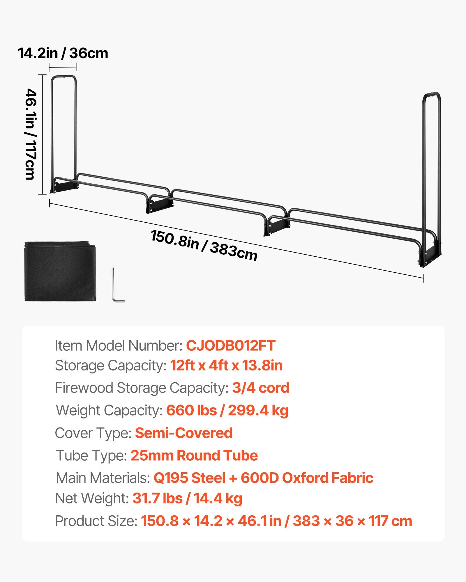 Coat Racks: VEVOR Firewood Rack with Waterproof Cover, 383 x 36 x 117 cm Outdoor Firewood Holder, 660lb Weight Capacity, 1/2 Cord Log Holder, Half-Covered, Powder-coated Wood Storage Rack for Fireplace Deck