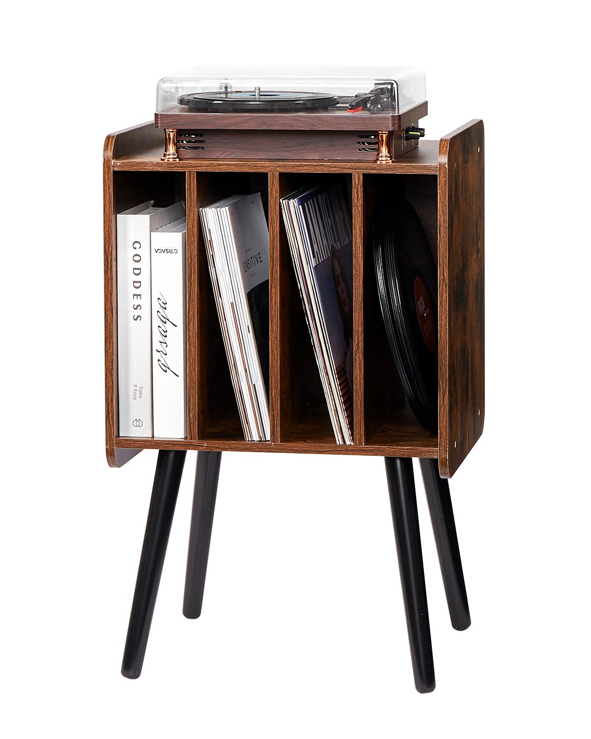Record Player Stand, 2 Tiers Turntable Stand with 4 Cabinets, Holds up to 100 Albums, Wooden Vinyl Record Storage Cabinet with Display Shelf for Bedroom, Living Room, Brown