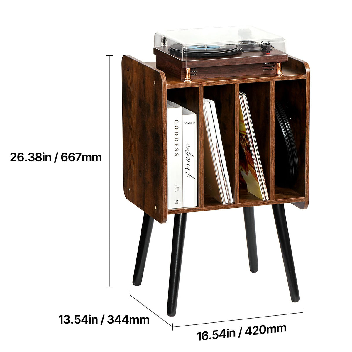 Record Player Stand, 2 Tiers Turntable Stand with 4 Cabinets, Holds up to 100 Albums, Wooden Vinyl Record Storage Cabinet with Display Shelf for Bedroom, Living Room, Brown