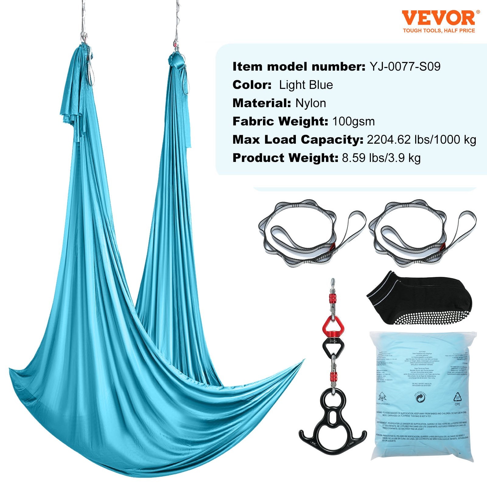 Fishing Tackle: VEVOR Aerial Silk & Yoga Swing, 10 m Length, Aerial Yoga Hammock Kit with 100gsm Nylon Fabric, Full Rigging Hardware & Easy Set-up Guide, Antigravity Flying for All Levels Fitness Bodybuilding, Blue