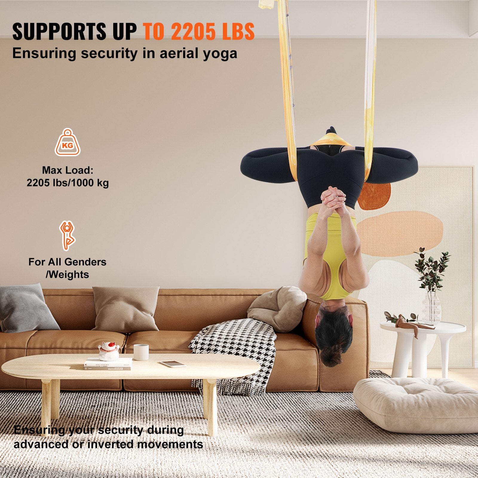 Exercise Bikes: VEVOR Aerial Yoga Hammock & Swing, 5 m Length, Aerial Yoga Starter Kit with 100gsm Nylon Fabric, Full Rigging Hardware & Easy Set-up Guide, Antigravity Flying for All Levels Fitness Bodybuilding, Gold