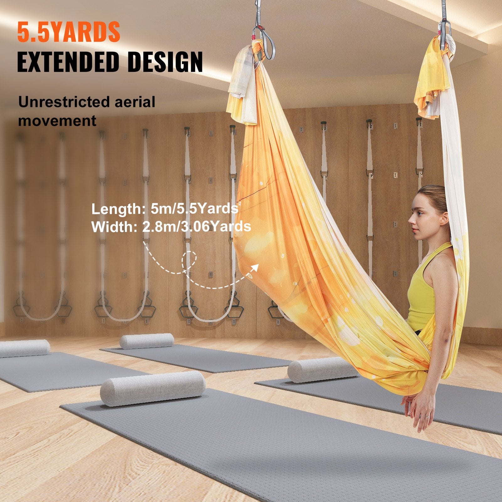 Exercise Bikes: VEVOR Aerial Yoga Hammock & Swing, 5 m Length, Aerial Yoga Starter Kit with 100gsm Nylon Fabric, Full Rigging Hardware & Easy Set-up Guide, Antigravity Flying for All Levels Fitness Bodybuilding, Gold