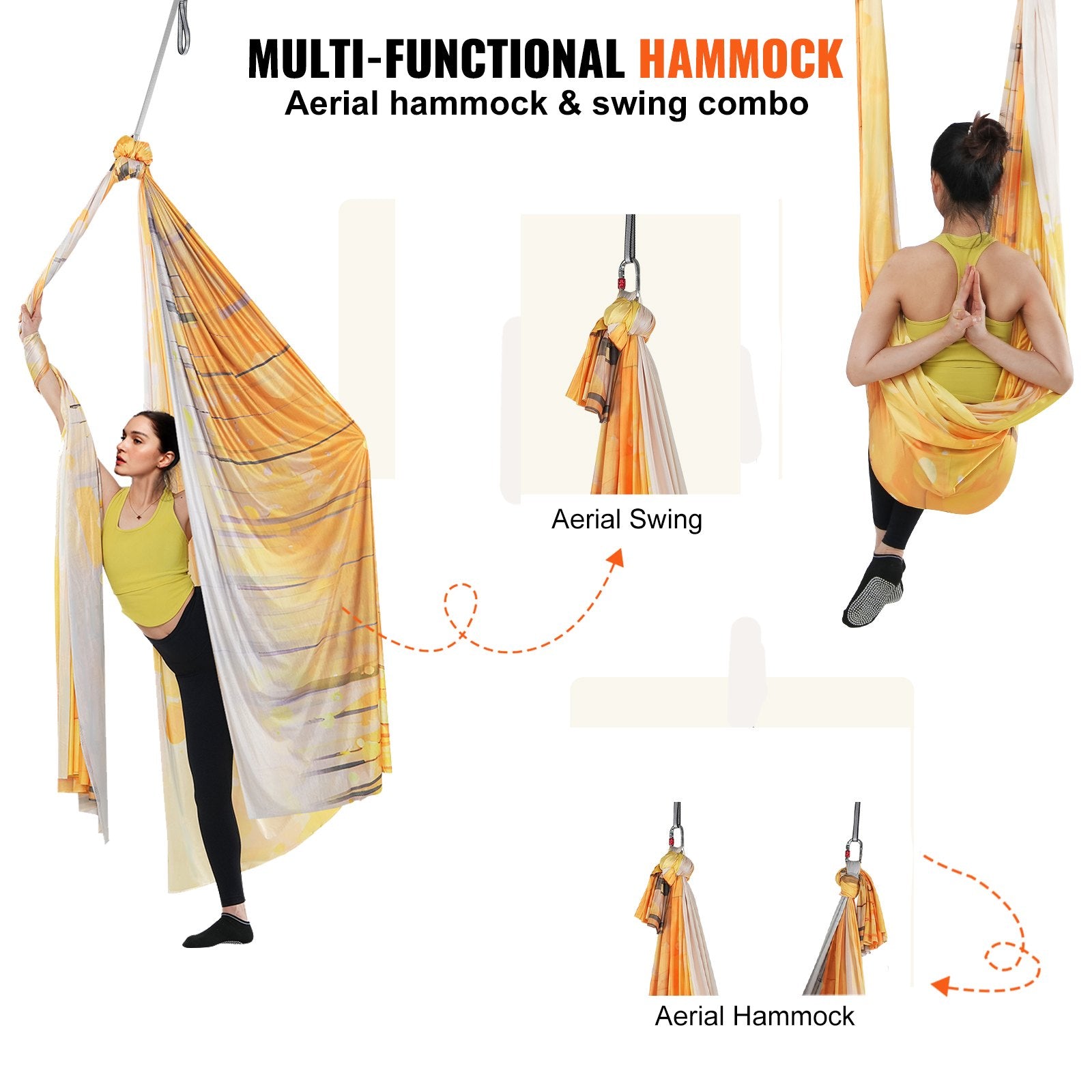 Exercise Bikes: VEVOR Aerial Yoga Hammock & Swing, 5 m Length, Aerial Yoga Starter Kit with 100gsm Nylon Fabric, Full Rigging Hardware & Easy Set-up Guide, Antigravity Flying for All Levels Fitness Bodybuilding, Gold