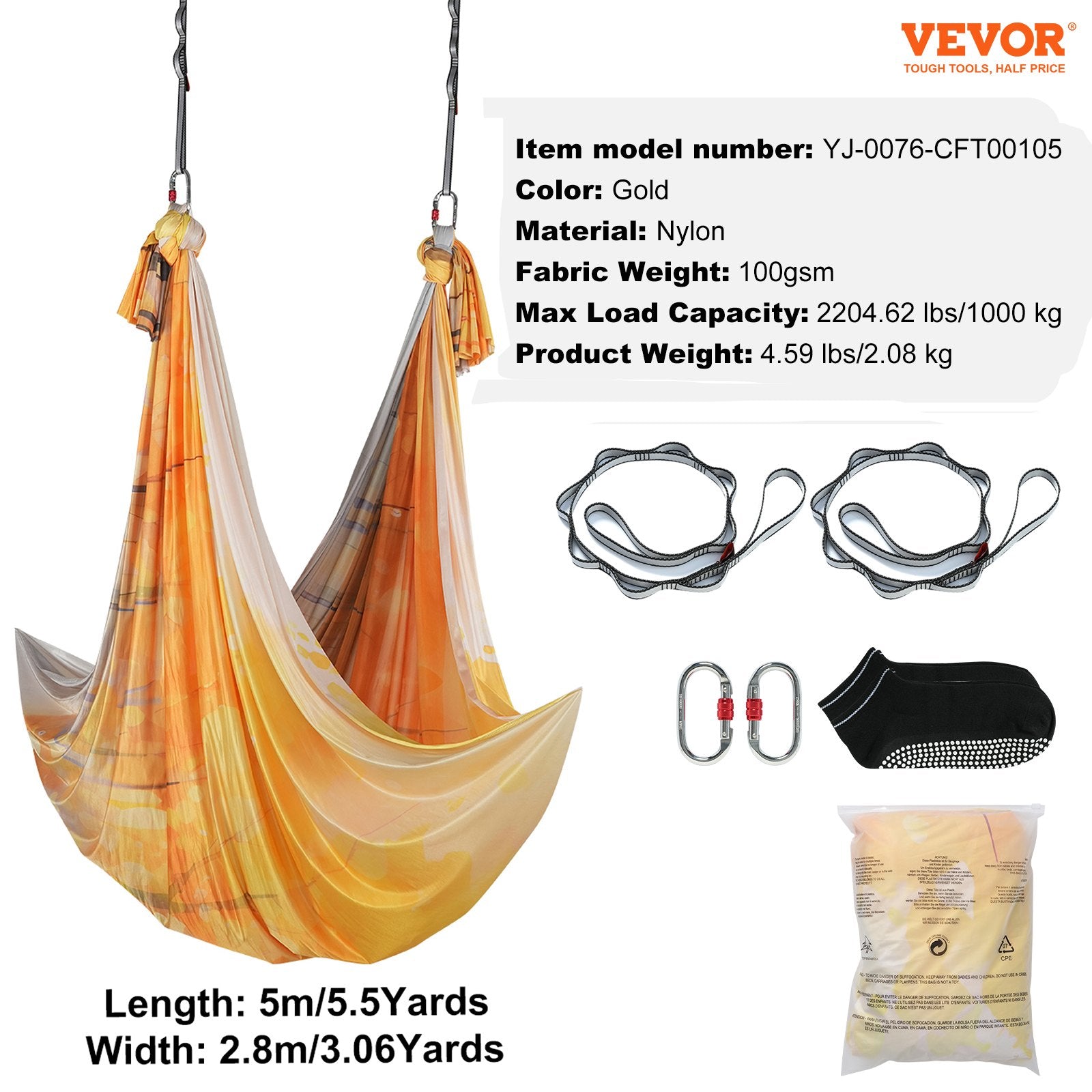 Exercise Bikes: VEVOR Aerial Yoga Hammock & Swing, 5 m Length, Aerial Yoga Starter Kit with 100gsm Nylon Fabric, Full Rigging Hardware & Easy Set-up Guide, Antigravity Flying for All Levels Fitness Bodybuilding, Gold