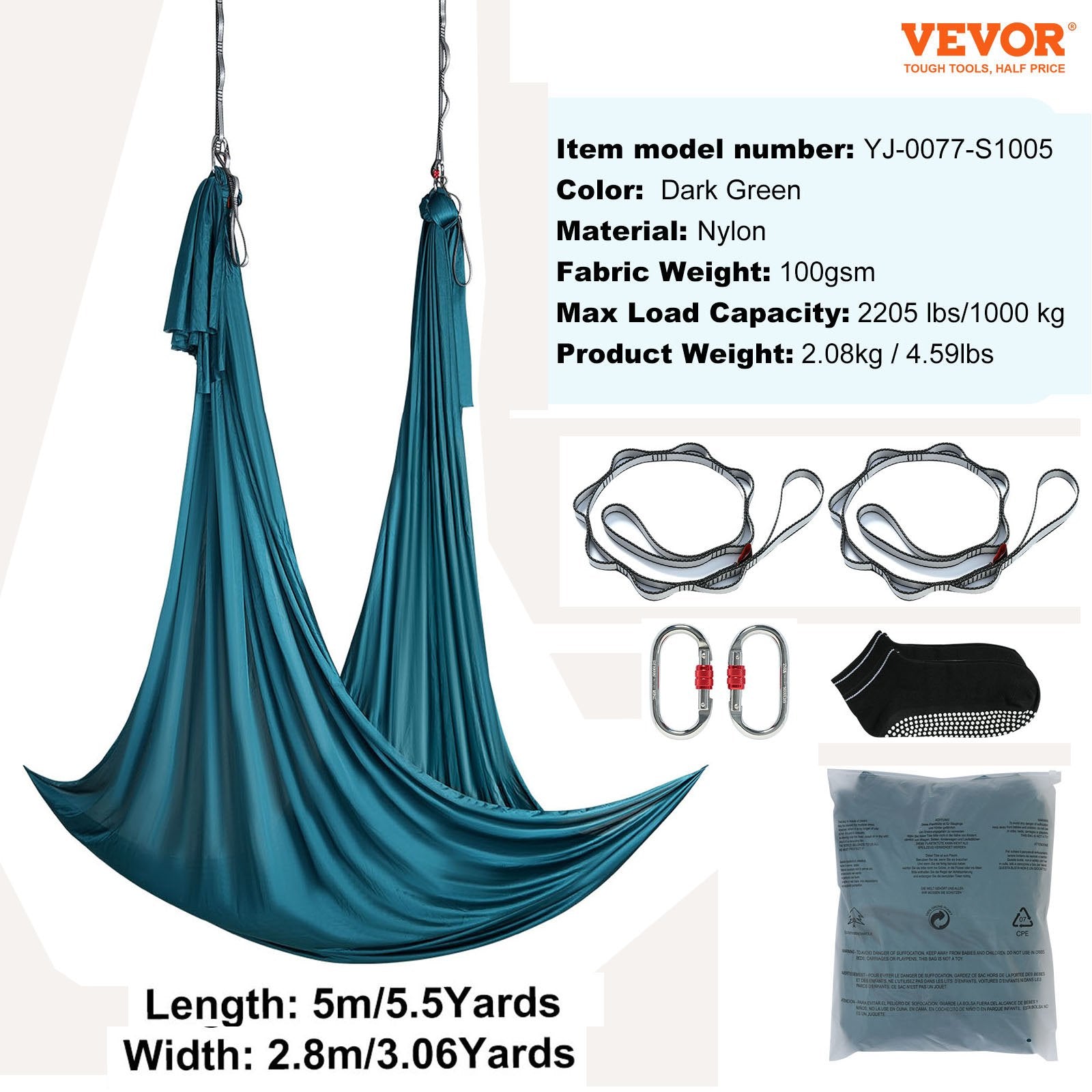 Outdoor Sofas & Lounge Sets: VEVOR Aerial Yoga Hammock & Swing, 5 m Length Aerial Yoga Starter Kit with 100gsm Nylon Fabric, Full Rigging Hardware & Easy Set-up Guide, Antigravity Flying for All Levels Fitness Bodybuilding, Green