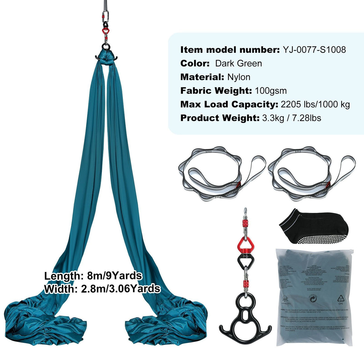 Aerial Silk & Yoga Swing, 8 m Length, Aerial Yoga Hammock Kit with 100gsm Nylon Fabric, Full Rigging Hardware & Easy Set-up Guide, Antigravity Flying for All Levels Fitness Bodybuilding, Green