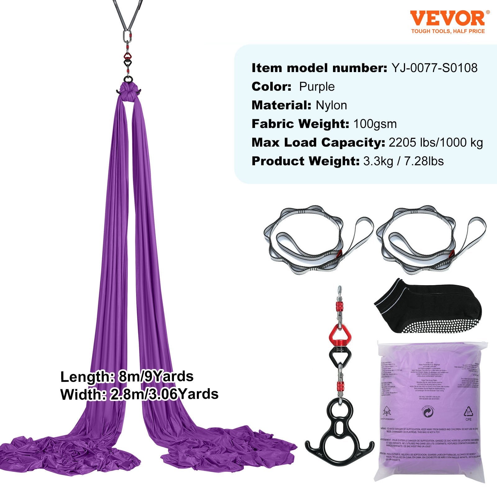 Exercise Bikes: VEVOR Aerial Silk & Yoga Swing, 8 m Length, Aerial Yoga Hammock Kit with 100gsm Nylon Fabric, Full Rigging Hardware & Easy Set-up Guide, Antigravity Flying for All Levels Fitness Bodybuilding, Purple