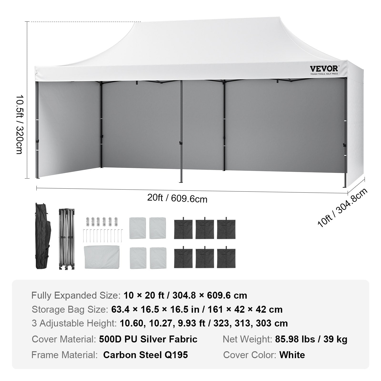 Canopies & Gazebos: VEVOR Pop Up Canopy Tent Outdoor Gazebo Tent 10x20FT with Sidewalls & Bag White