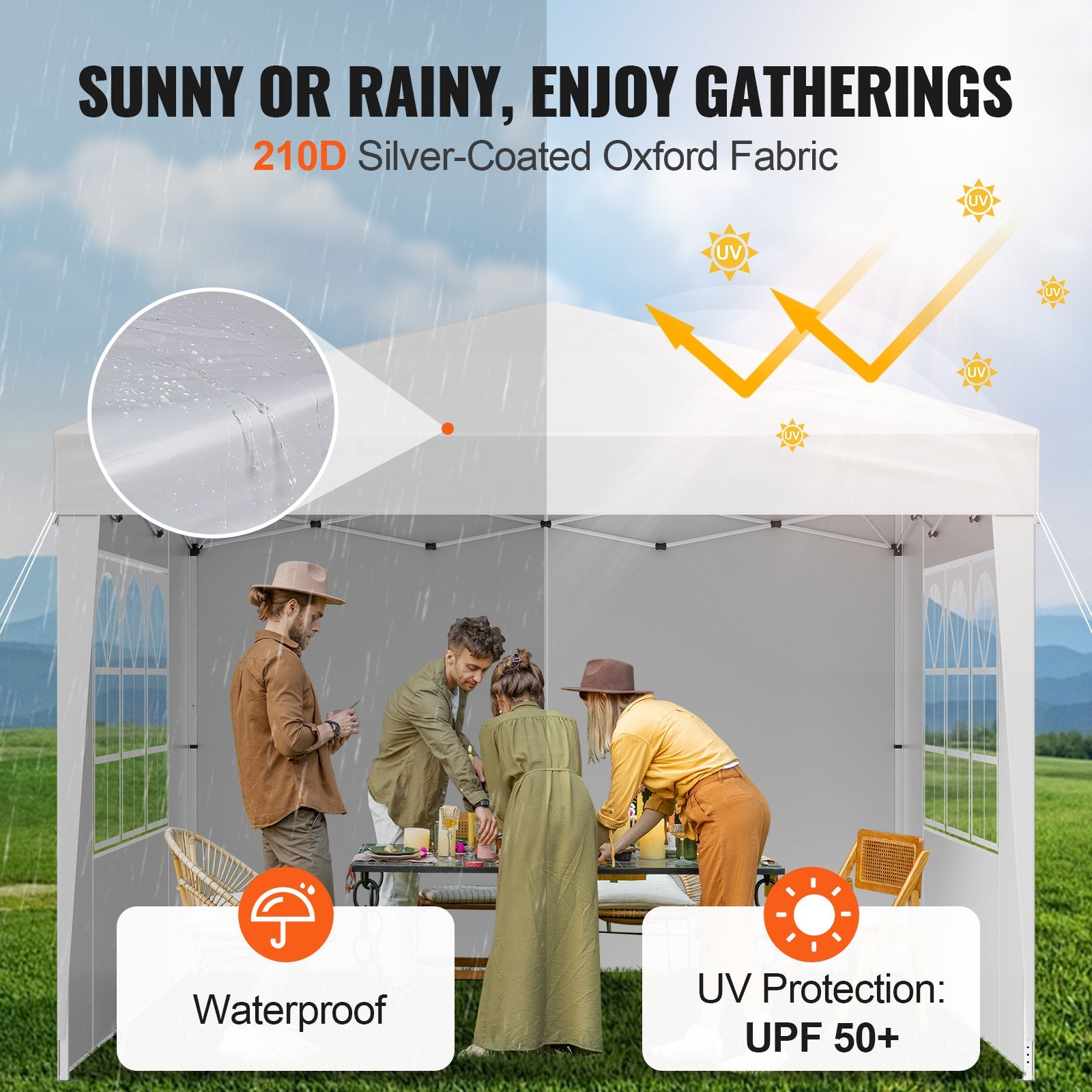 Canopies & Gazebos: VEVOR Pop Up Canopy, 2.95 x 2.95 m Instant Canopy Portable Gazebo with 3 Sidewalls & 2 Ventilated Windows, Height Adjustable Pop-Up Outdoor Shelter Tent for Events, Patio, Backyard, Party, Parking