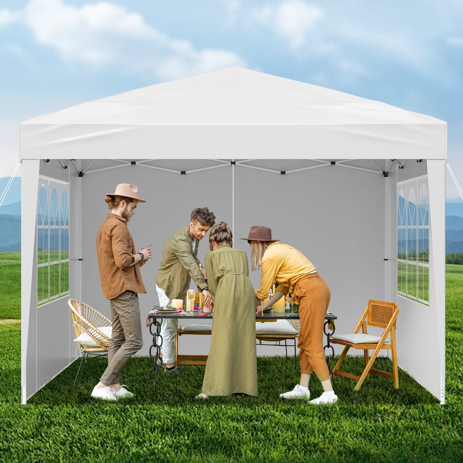 Canopies & Gazebos: VEVOR Pop Up Canopy, 2.95 x 2.95 m Instant Canopy Portable Gazebo with 3 Sidewalls & 2 Ventilated Windows, Height Adjustable Pop-Up Outdoor Shelter Tent for Events, Patio, Backyard, Party, Parking