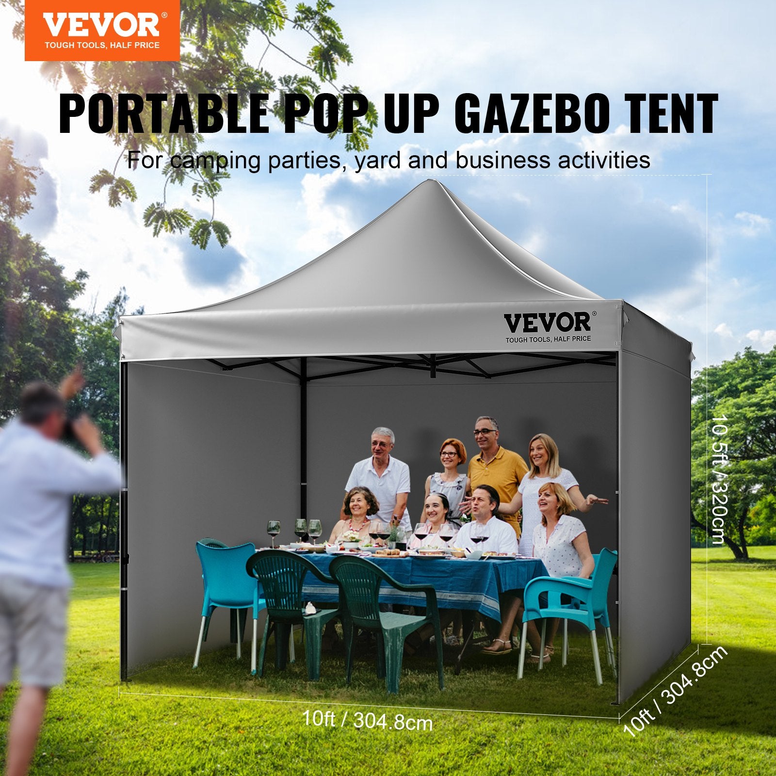 Canopies & Gazebos: VEVOR  304.8 x 304.8 cm Pop up Canopy with Removable Sidewalls, Instant Canopies Portable Gazebo & Wheeled Bag, UV Resistant Waterproof, Enclosed Canopy Tent for Outdoor Events, Patio, Backyard, Party