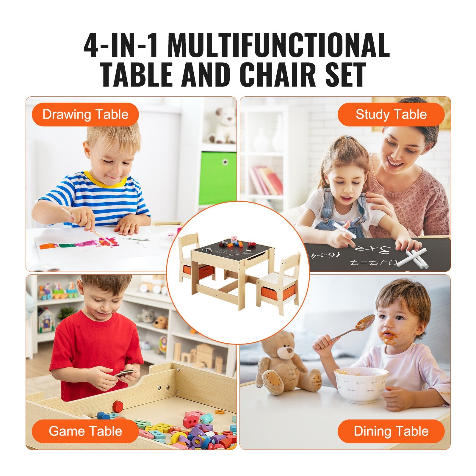 Outdoor Dining Sets: VEVOR Kids Table and Chair Set Wooden Activity Table with Storage Space & Boxes