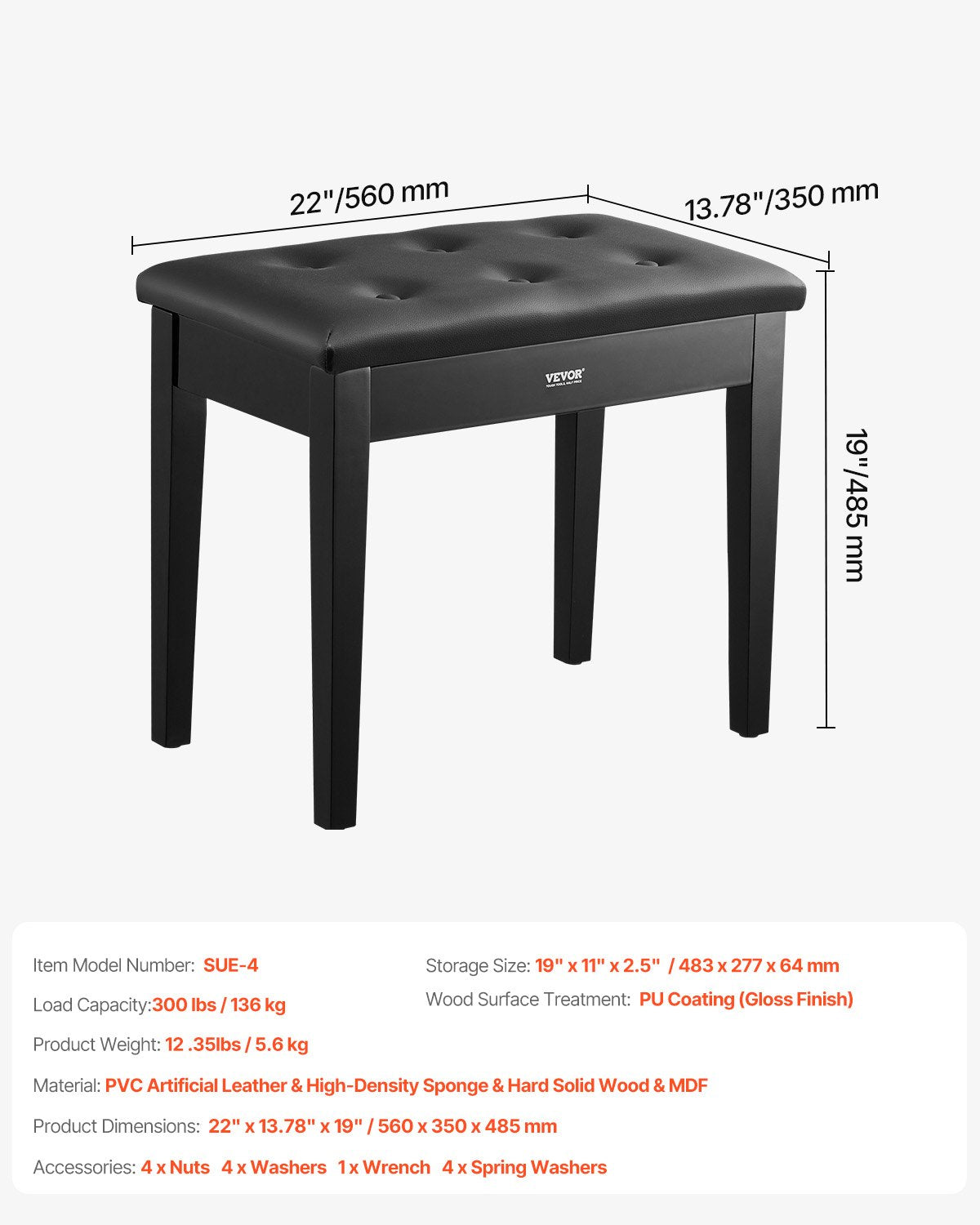 Basketball & Basketball Accessories: VEVOR Piano Bench, 22" x 13.78" x 19", Keyboard Piano Chair with High-Density Padded Cushion, Storage Compartment for Music Books, Wooden Piano Bookcase Stool Seat, for Vanity, Living Room, Bedroom