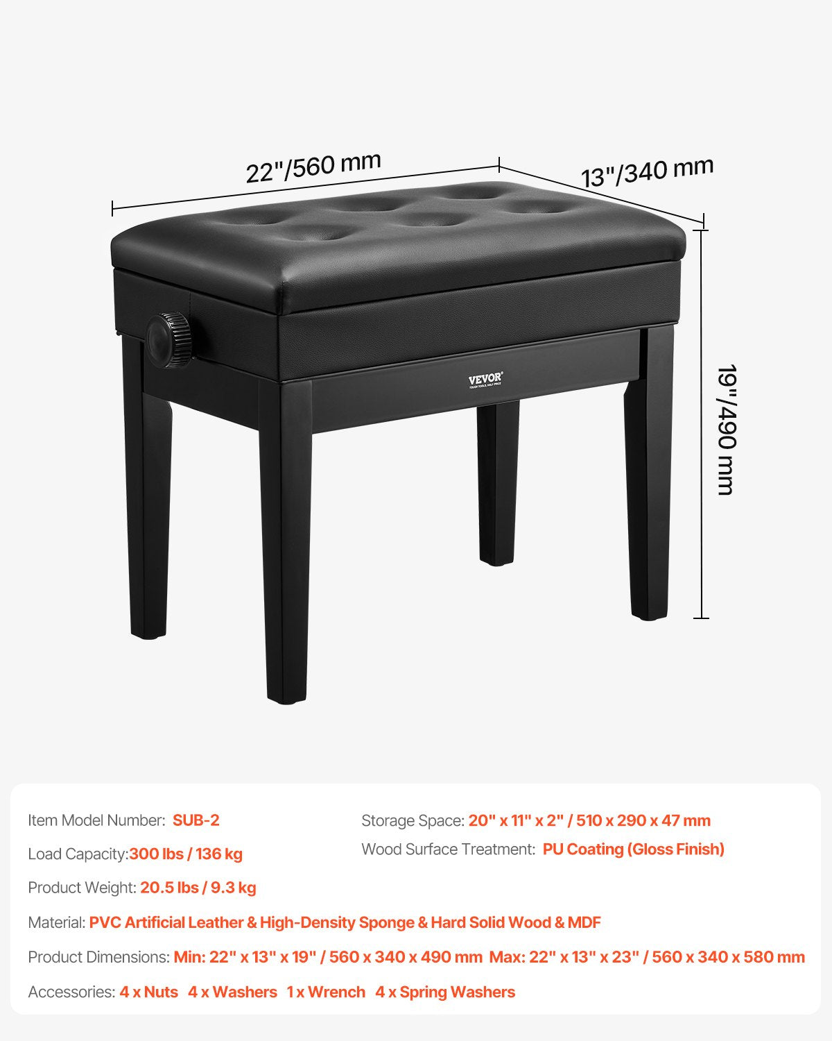 Mouse & Accessories: VEVOR Piano Bench, Keyboard Piano Chair with 19.3"-22.8" Adjustable Height, Padded Cushion, Storage Compartment for Music Books, Heavy Duty Wooden Piano Stool Seat, for Vanity, Living Room, Bedroom