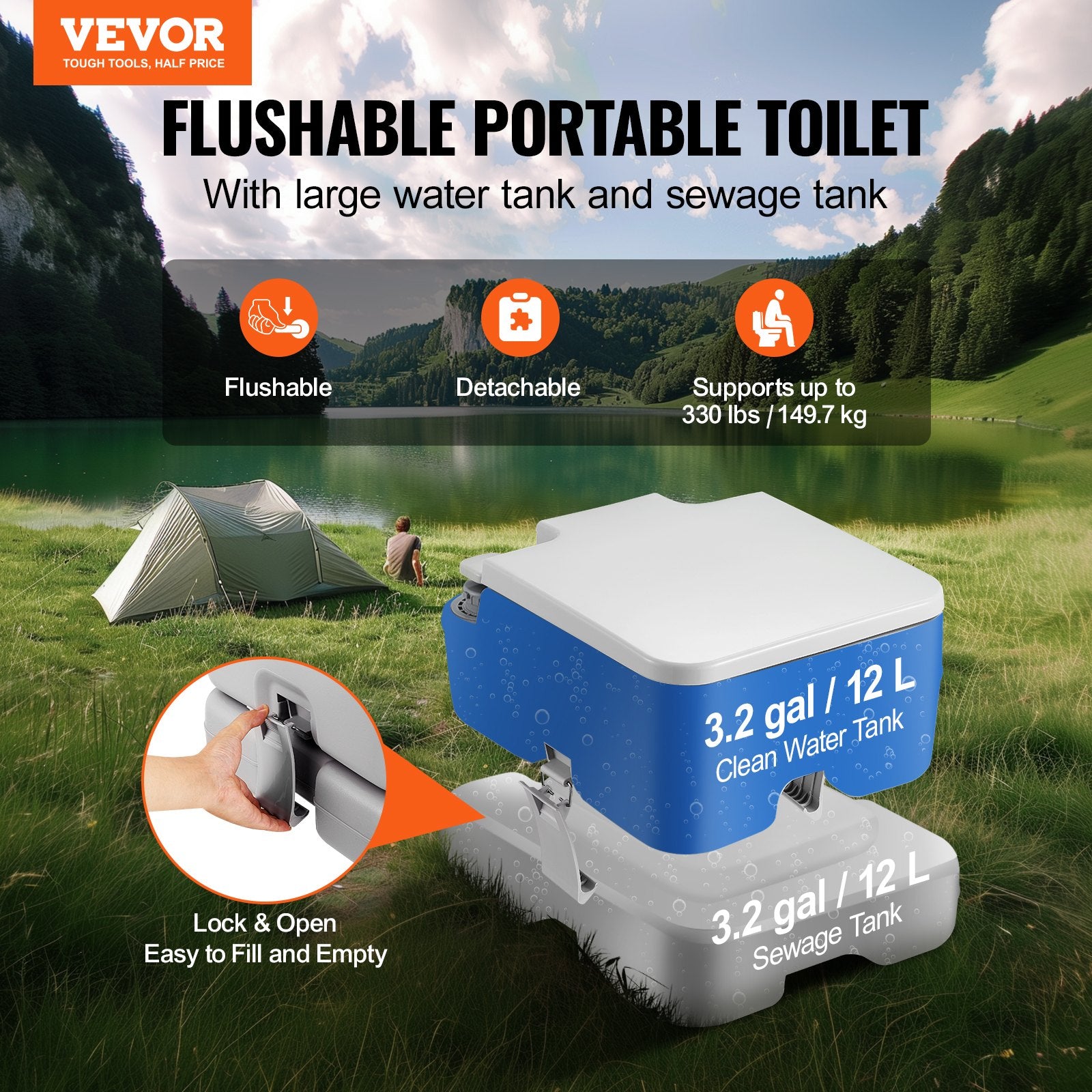 Pet ID Tags: VEVOR Portable Toilet for Camping with Carry Bag, RV Toilet with 3.2 Gal Waste Tank, Push-Button Pressurized Flush Commode, Leak-proof and Odourless Travel Toilet for Adults Kids Camping Car