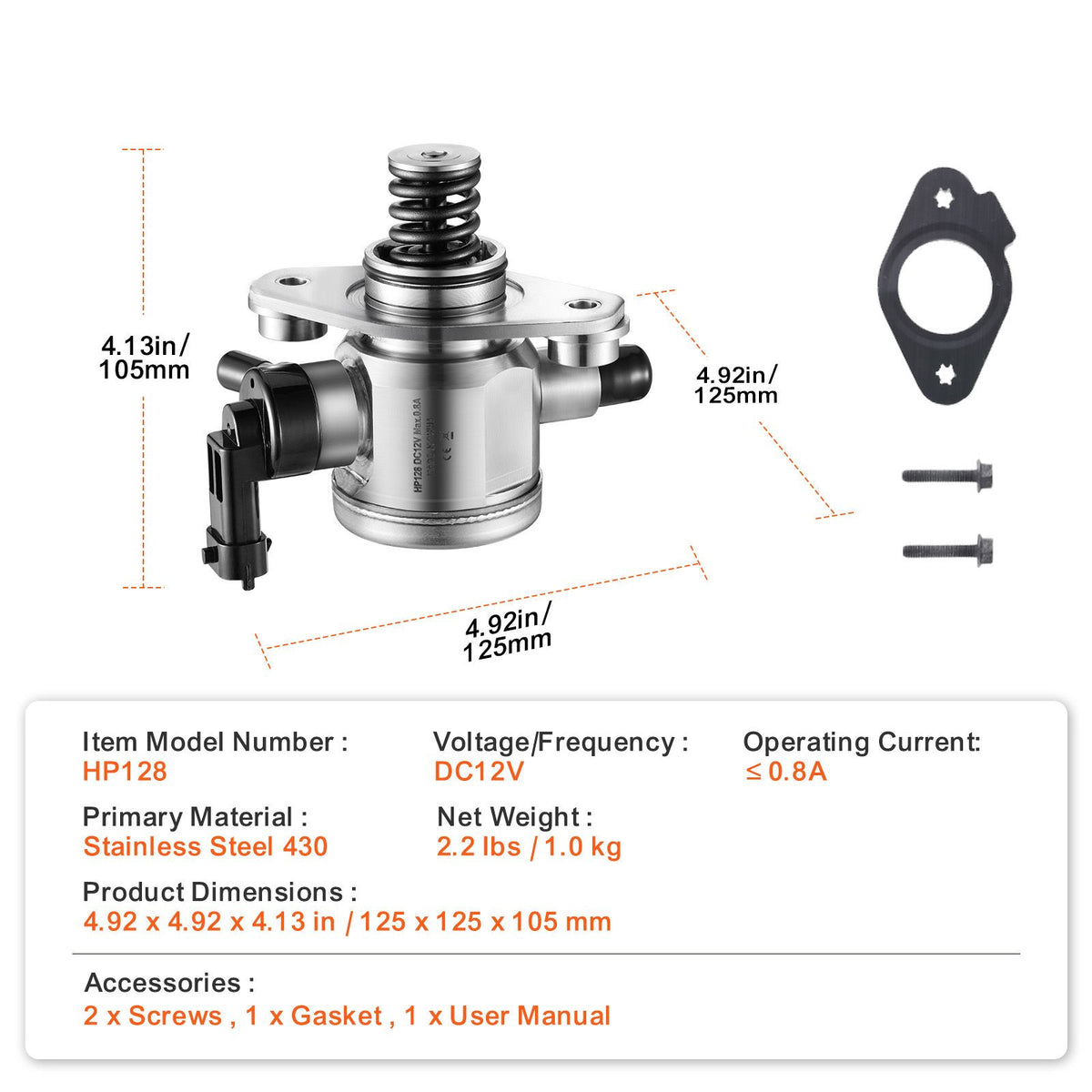 High Pressure Fuel Pump with Gasket and Bolts, Compatible with Buick LaCrosse, Regal, Verano, Chevrolet Captiva Sport, Equinox, Impala, Malibu, GMC Terrain 2010-2017 L4 2.4L, Stainless Steel