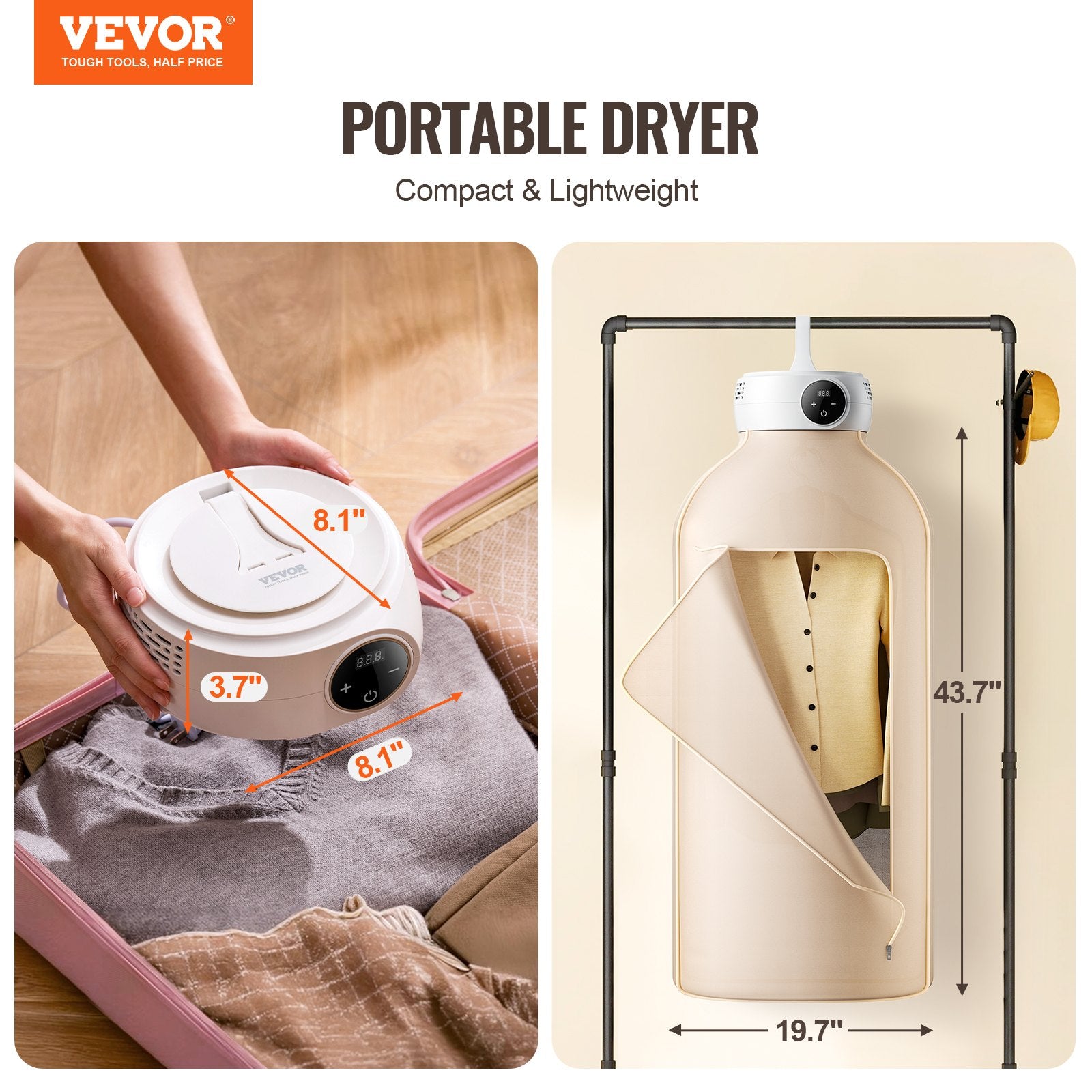 Gardening Tools: VEVOR Portable Clothes Dryer, Clothes Dryer with Dryer Bag, PTC Heating & LED Display, Foldable Mini Dryer with 5-H Timer for Apartments, Dorms, RVs, or Hotels, 600W, Beige