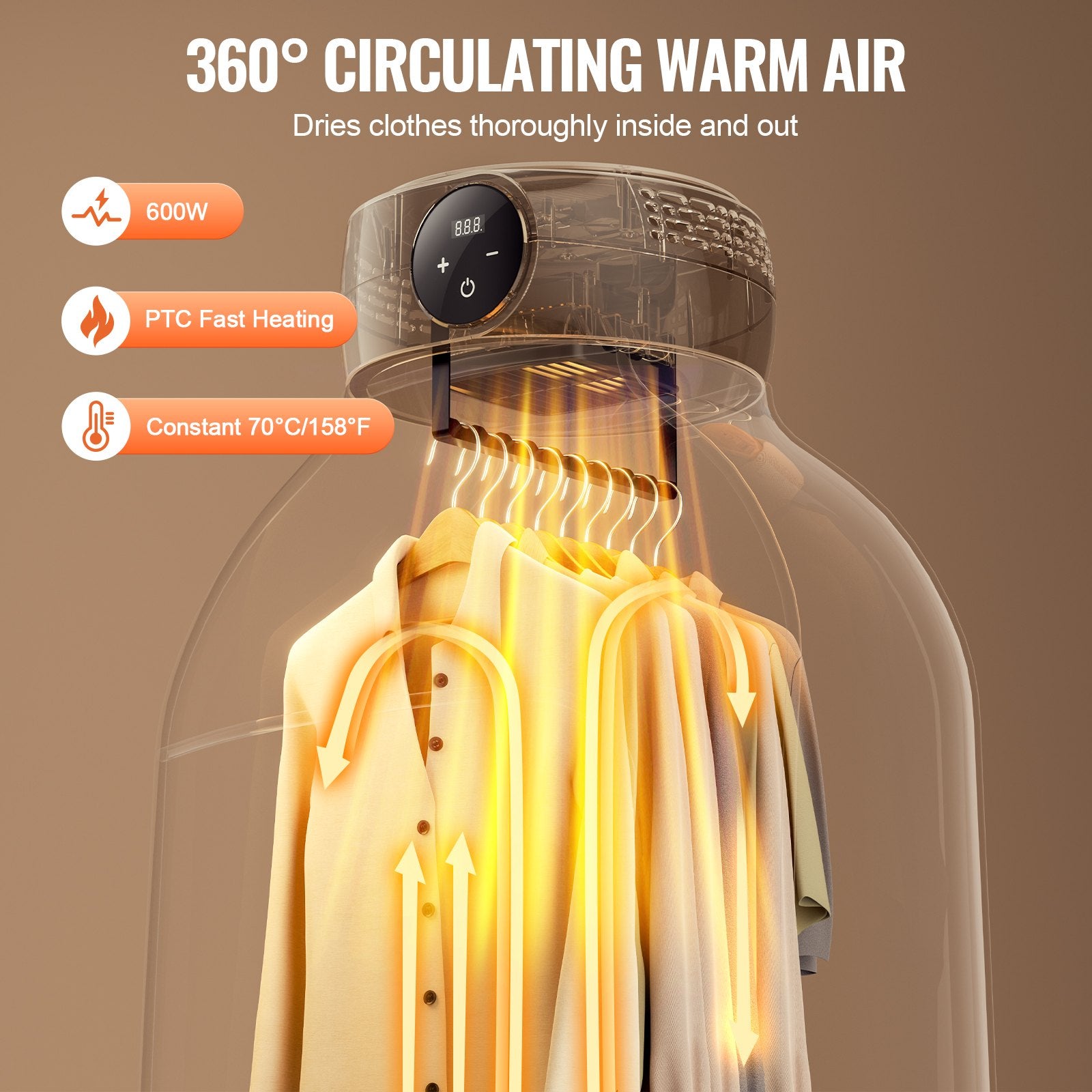 Gardening Tools: VEVOR Portable Clothes Dryer, Clothes Dryer with Dryer Bag, PTC Heating & LED Display, Foldable Mini Dryer with 5-H Timer for Apartments, Dorms, RVs, or Hotels, 600W, Beige
