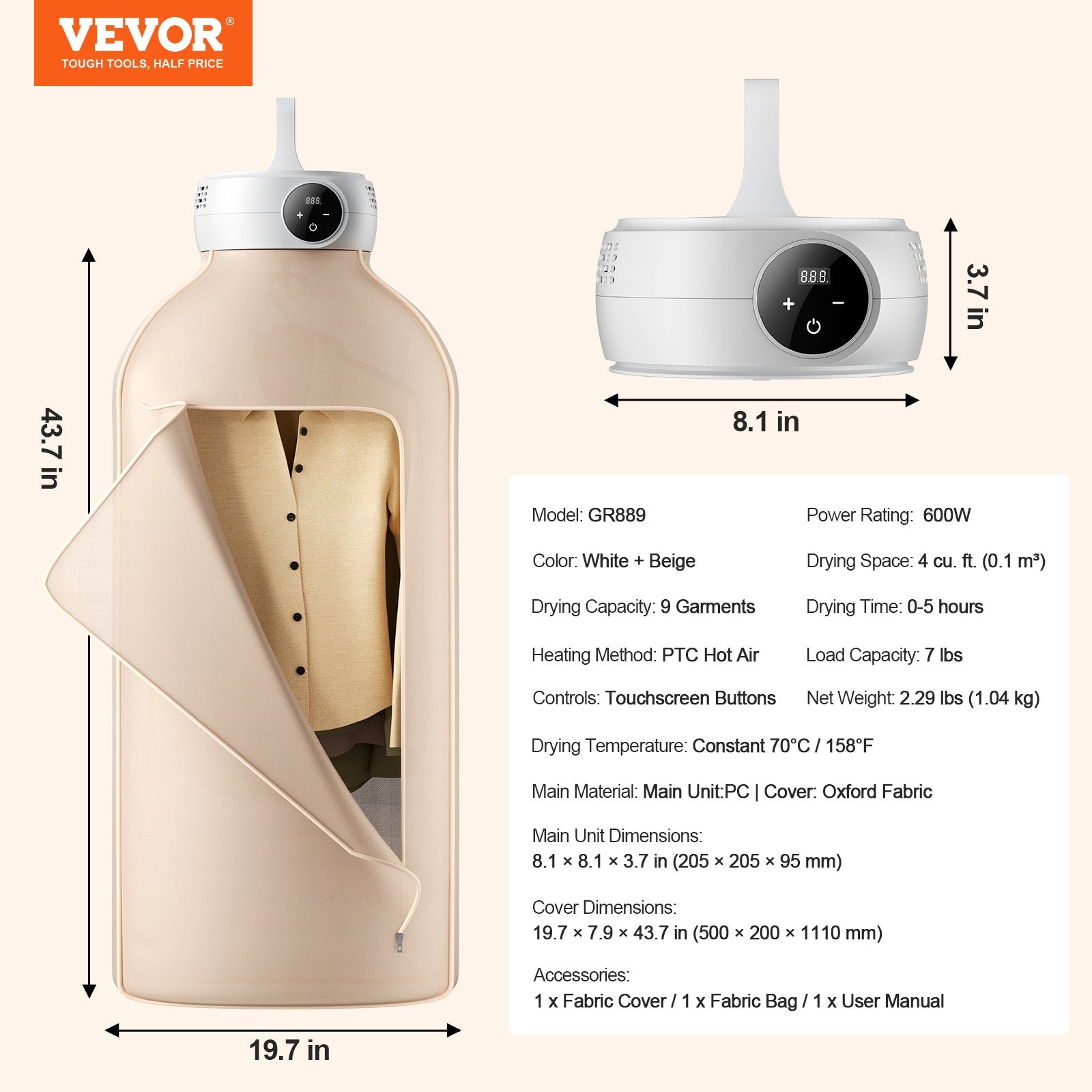 Gardening Tools: VEVOR Portable Clothes Dryer, Clothes Dryer with Dryer Bag, PTC Heating & LED Display, Foldable Mini Dryer with 5-H Timer for Apartments, Dorms, RVs, or Hotels, 600W, Beige
