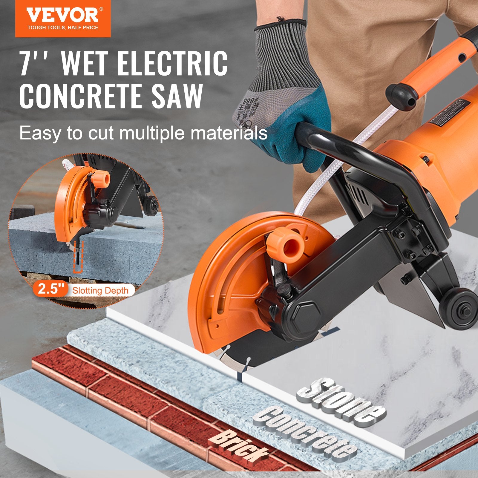 Chainsaws: VEVOR Electric Concrete Saw, 7 in Circular Saw Cutter, 2000 W High Power with Max. 2.5 in Cutting Depth, Wet/Dry Disk Saw Cutter Includes Water Line, Pump and Blade, for Stone, Brick