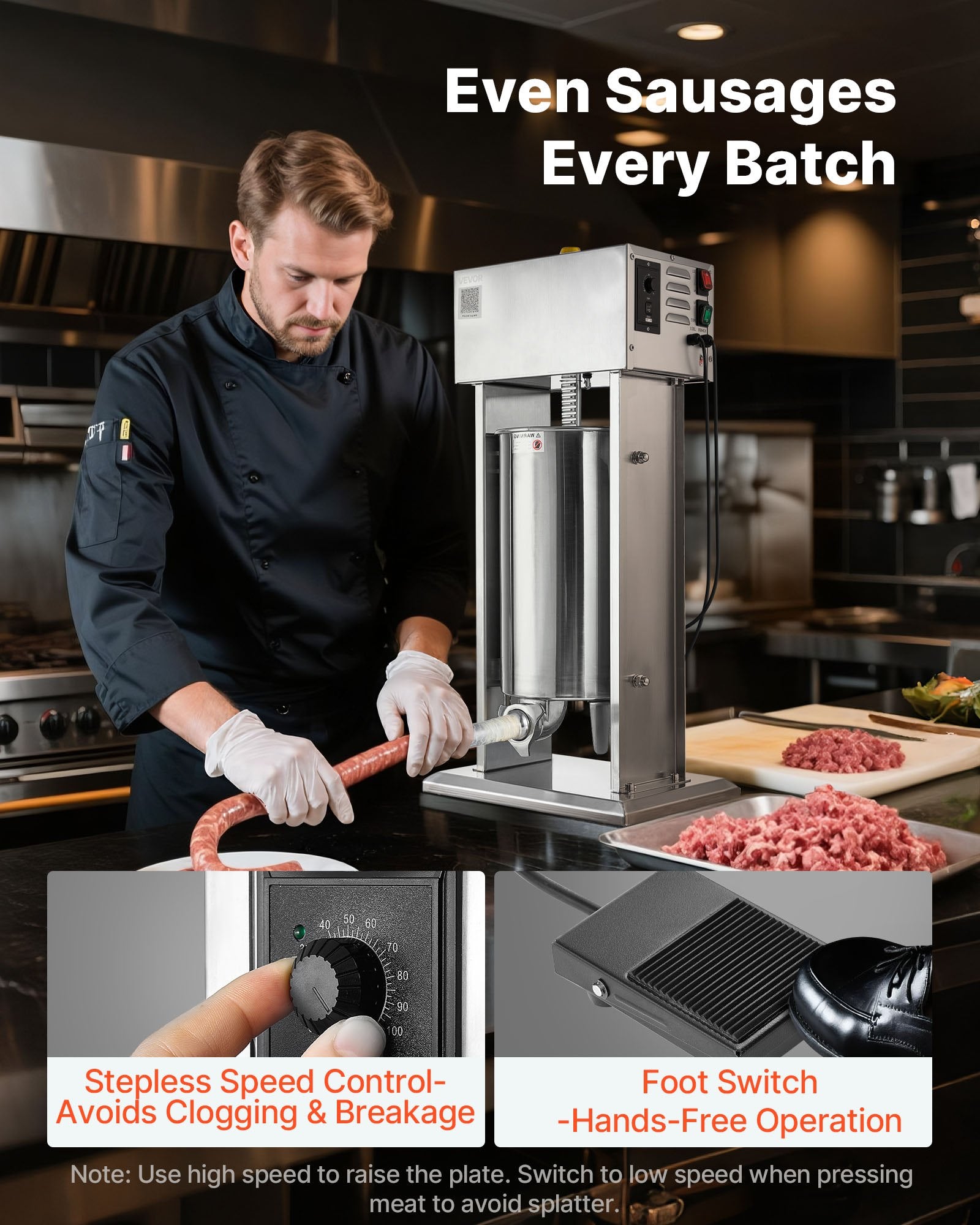 Food Storage: VEVOR Electric Sausage Stuffer, 33 LBS / 15 L Vertical Meat Stuffer, Stepless Speed Control and Foot Pedal, Stainless Steel Heavy Duty Sausage Filler with 4 Stuffing Tubes, for Commercial & Home Use