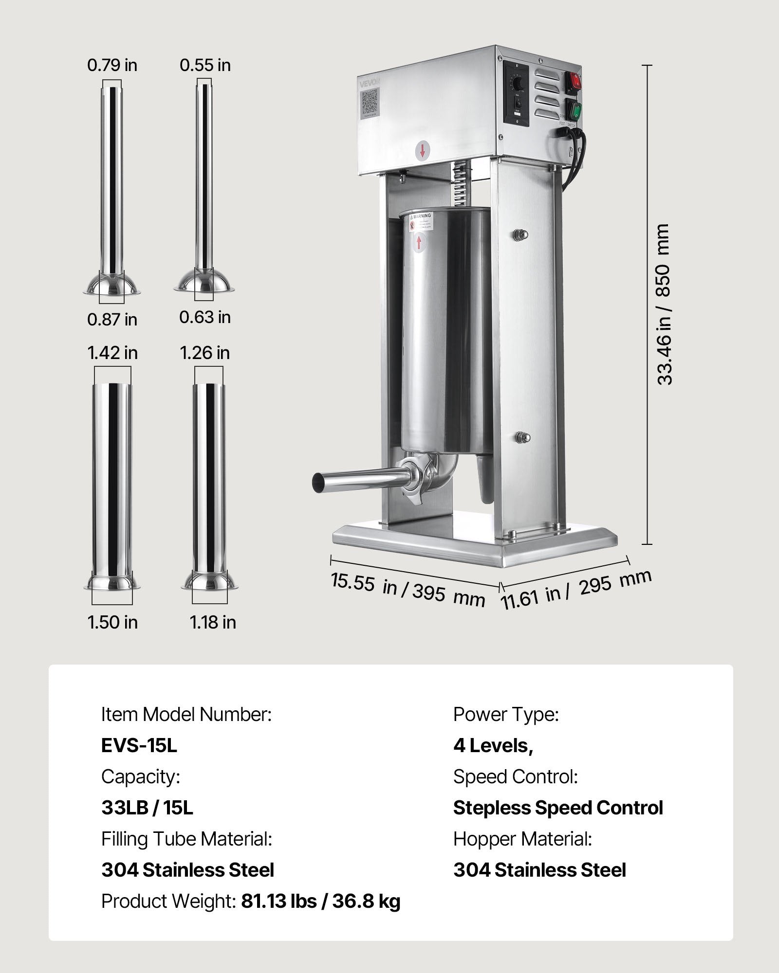 Food Storage: VEVOR Electric Sausage Stuffer, 33 LBS / 15 L Vertical Meat Stuffer, Stepless Speed Control and Foot Pedal, Stainless Steel Heavy Duty Sausage Filler with 4 Stuffing Tubes, for Commercial & Home Use