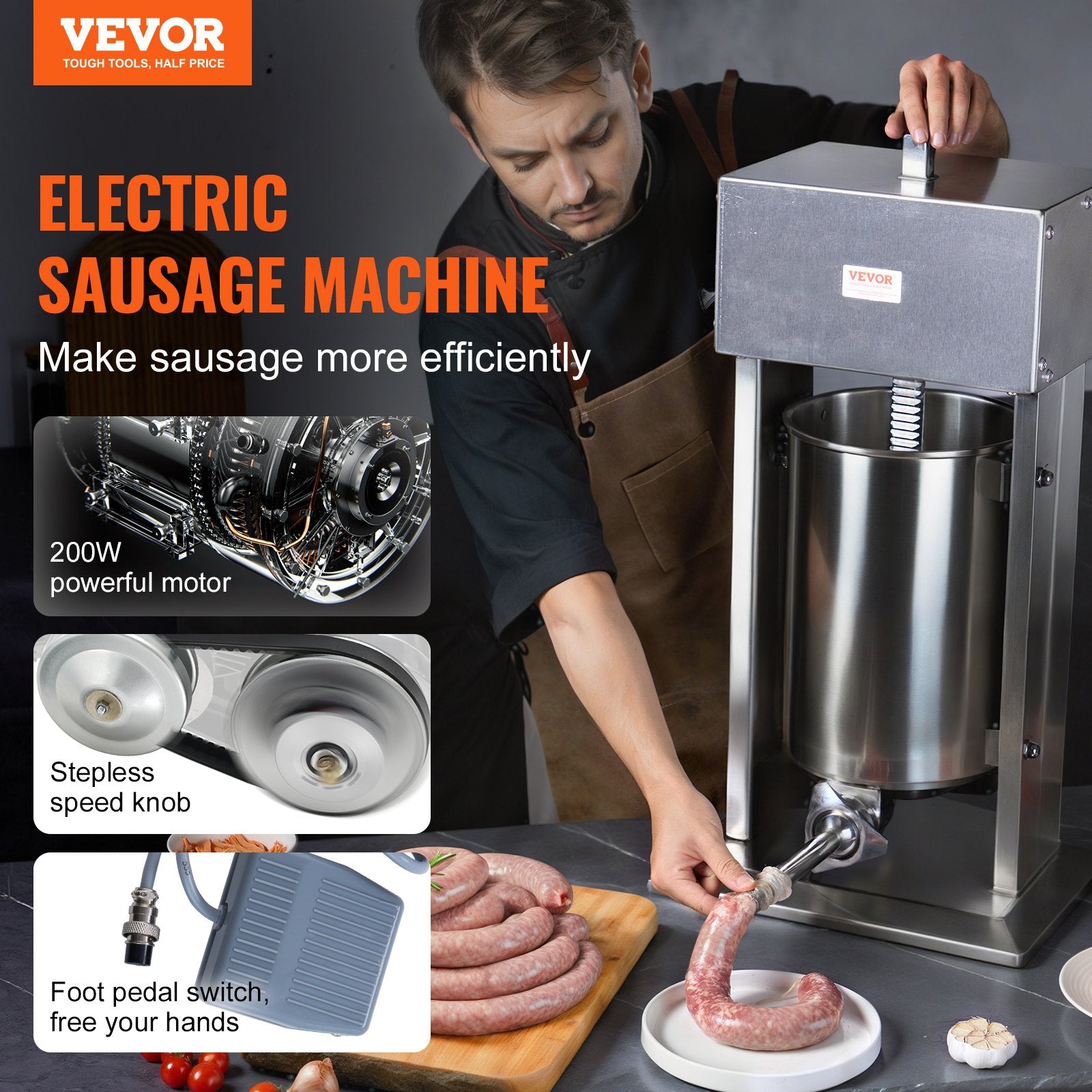 Electric Sausage Stuffer, 12 L / 25 LBS Vertical Meat Stuffer, 200W Motor, Stepless Speed Control and Foot Pedal, Made of Food-grade 304 Stainless Steel, 5 Stuffing Tubes for Home, Commercial