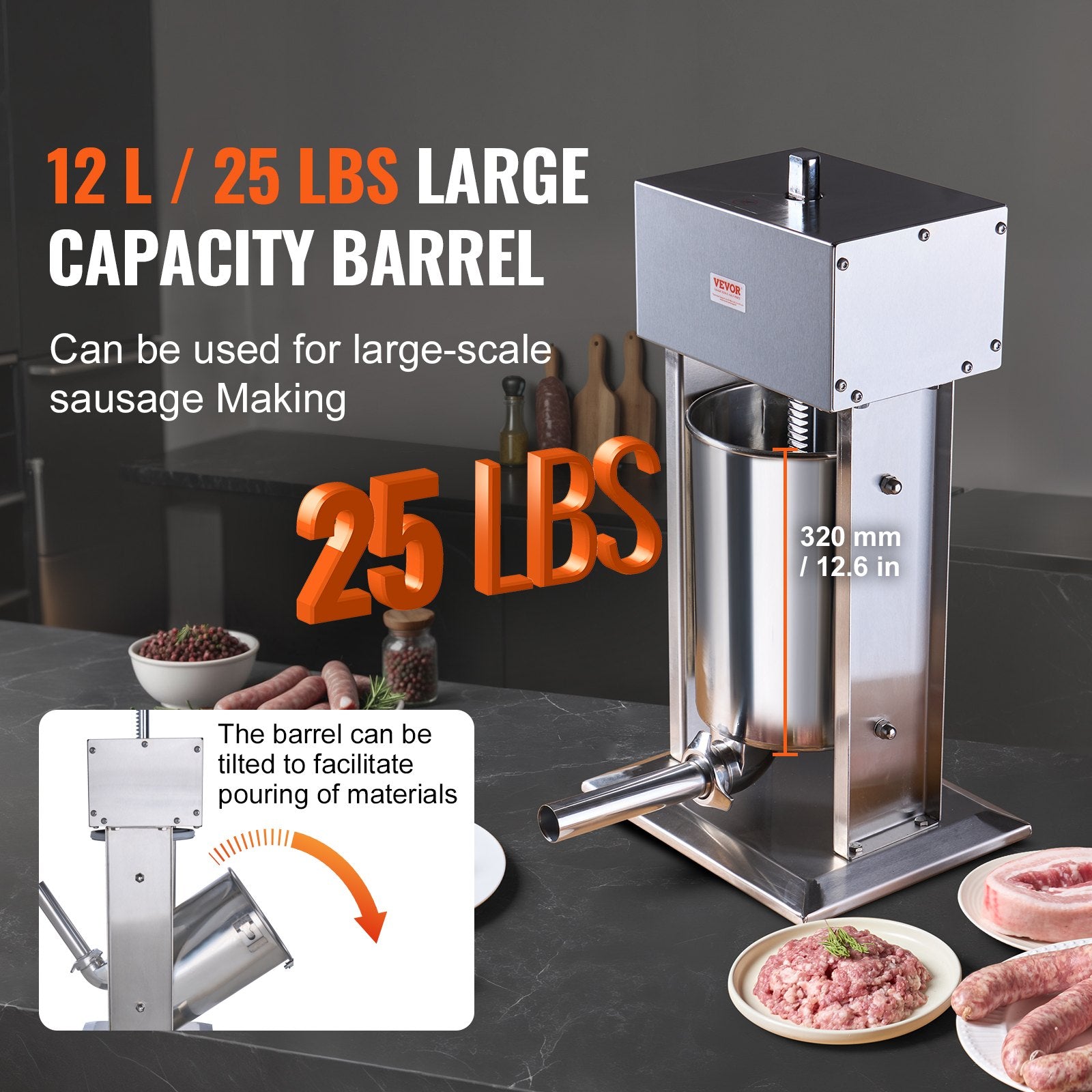 Electric Sausage Stuffer, 12 L / 25 LBS Vertical Meat Stuffer, 200W Motor, Stepless Speed Control and Foot Pedal, Made of Food-grade 304 Stainless Steel, 5 Stuffing Tubes for Home, Commercial