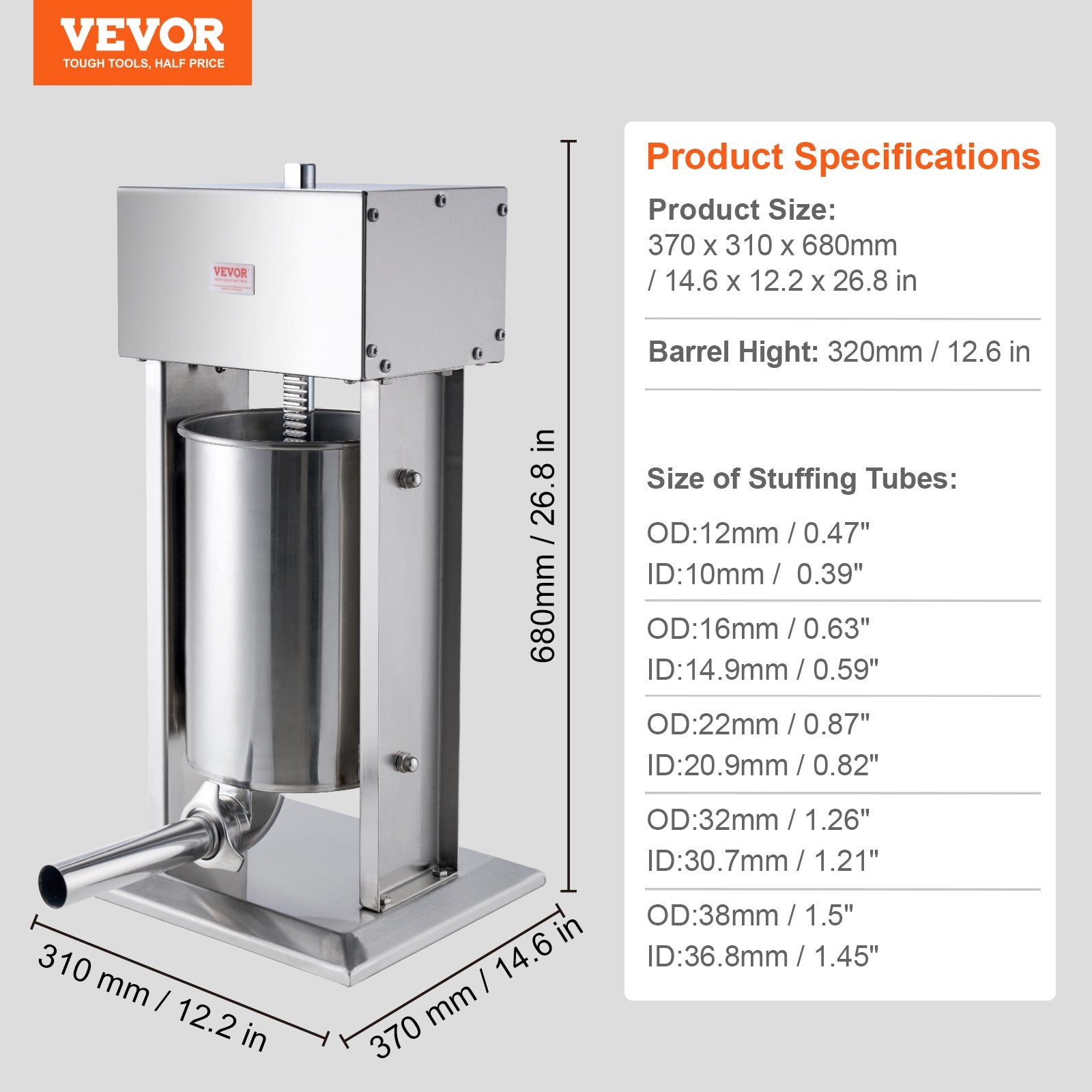Electric Sausage Stuffer, 12 L / 25 LBS Vertical Meat Stuffer, 200W Motor, Stepless Speed Control and Foot Pedal, Made of Food-grade 304 Stainless Steel, 5 Stuffing Tubes for Home, Commercial