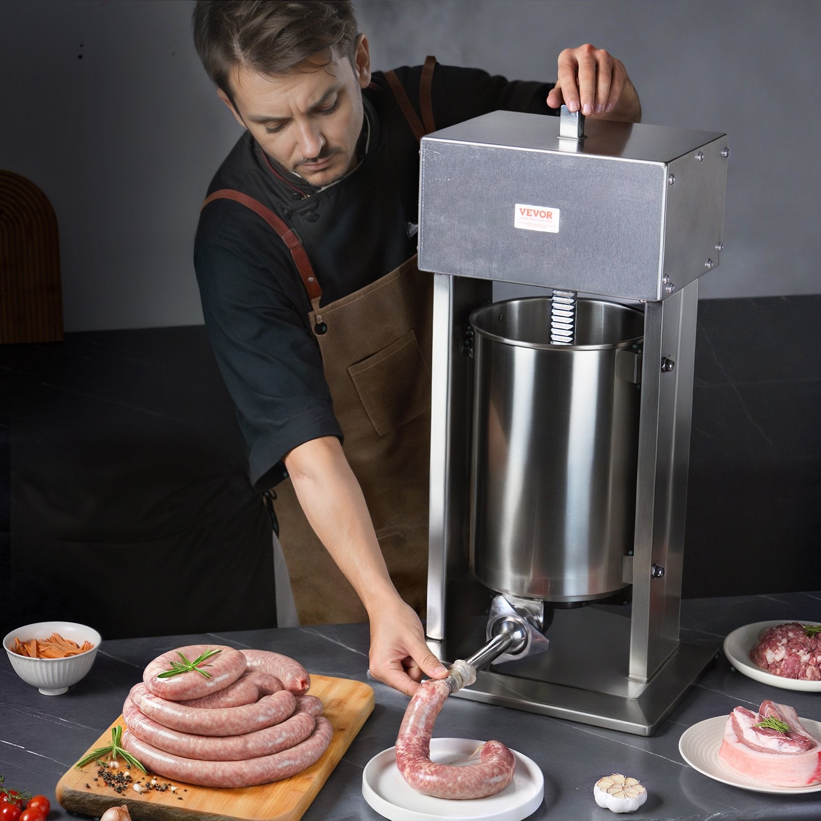 Electric Sausage Stuffer, 12 L / 25 LBS Vertical Meat Stuffer, 200W Motor, Stepless Speed Control and Foot Pedal, Made of Food-grade 304 Stainless Steel, 5 Stuffing Tubes for Home, Commercial