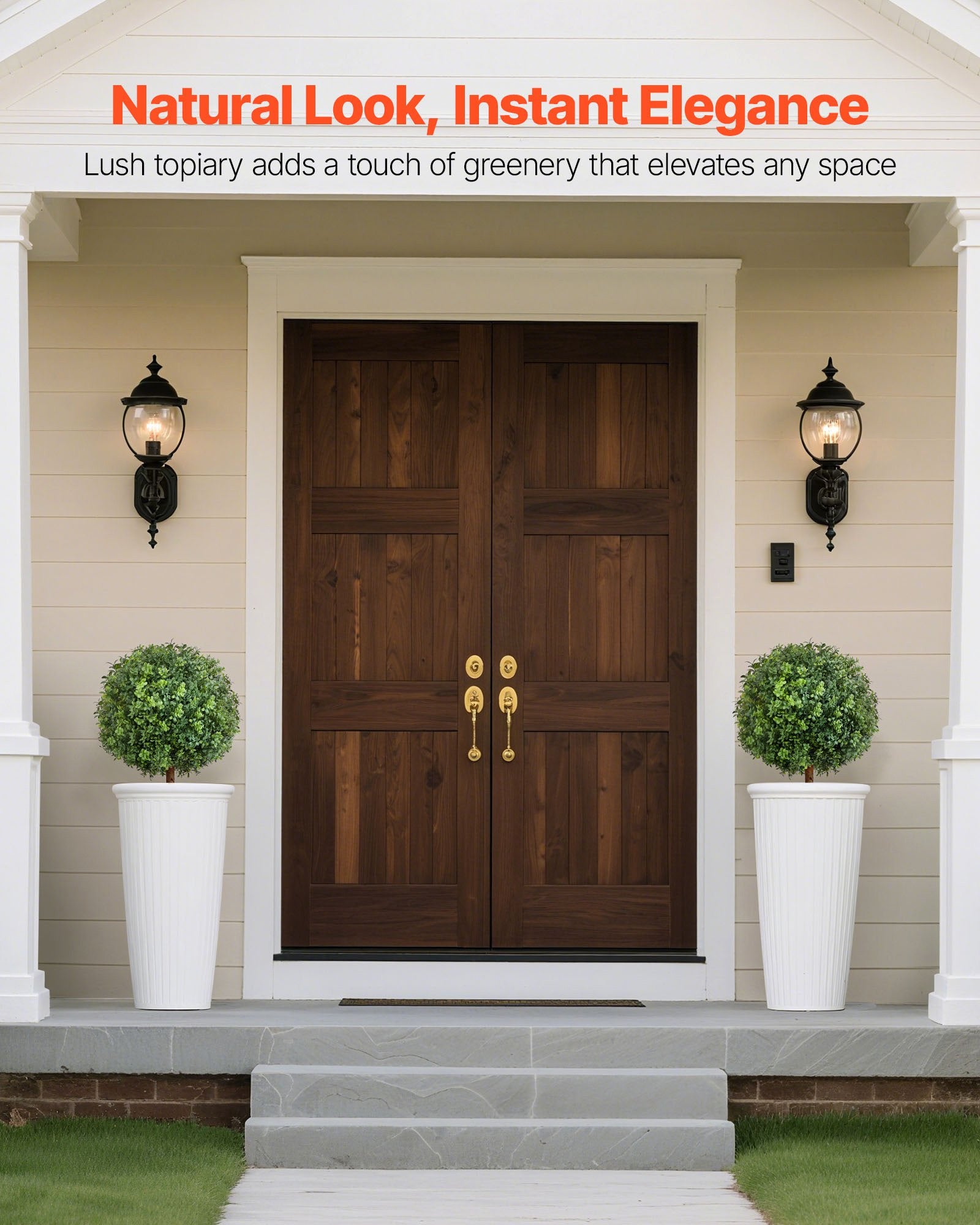 Artificial Topiary Boxwood Trees with Ground Spike, 2 Set 559mm Faux Shrubs & Bushes Potted Plants, Fake Silk Tree Look Real for Decor Front Porch Outdoor Indoor Patio Garden Balcony Backyard