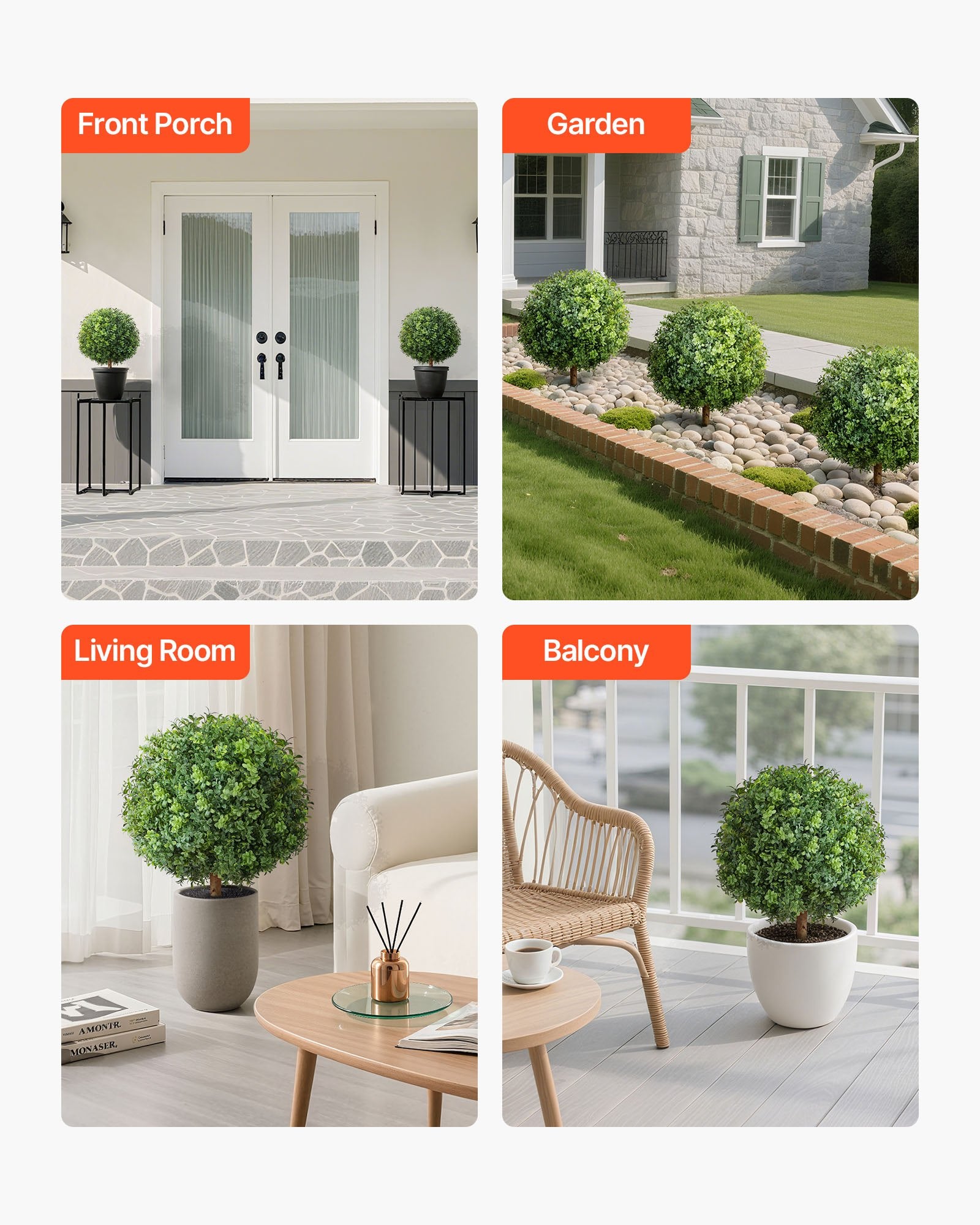 Artificial Topiary Boxwood Trees with Ground Spike, 2 Set 559mm Faux Shrubs & Bushes Potted Plants, Fake Silk Tree Look Real for Decor Front Porch Outdoor Indoor Patio Garden Balcony Backyard