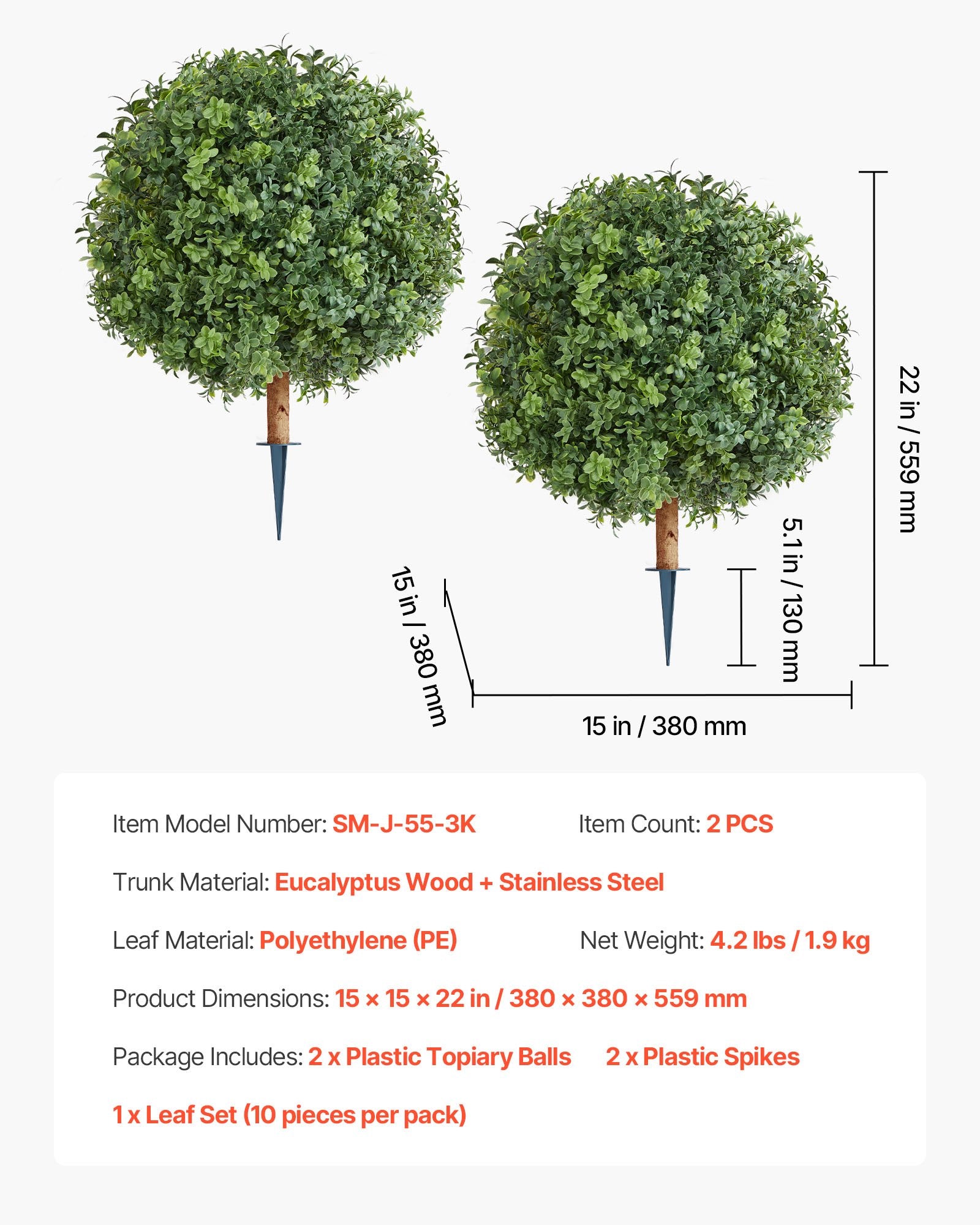 Artificial Topiary Boxwood Trees with Ground Spike, 2 Set 559mm Faux Shrubs & Bushes Potted Plants, Fake Silk Tree Look Real for Decor Front Porch Outdoor Indoor Patio Garden Balcony Backyard