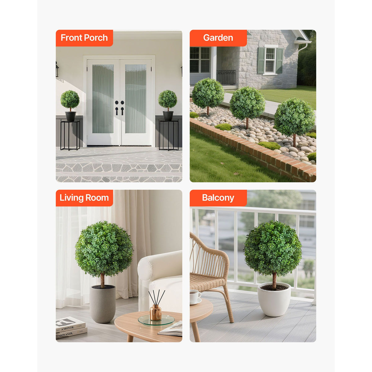 Artificial Topiary Boxwood Trees with Ground Spike, 2 Set 686mm Faux Shrubs & Bushes Potted Plants, Fake Silk Tree Look Real for Decor Front Porch Outdoor Indoor Patio Garden Balcony Backyard