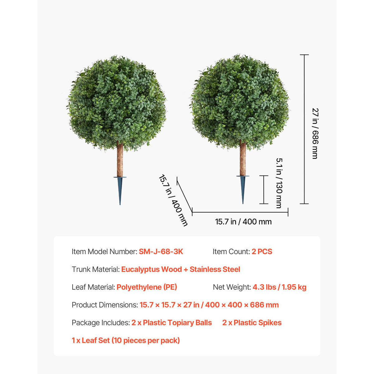 Artificial Topiary Boxwood Trees with Ground Spike, 2 Set 686mm Faux Shrubs & Bushes Potted Plants, Fake Silk Tree Look Real for Decor Front Porch Outdoor Indoor Patio Garden Balcony Backyard