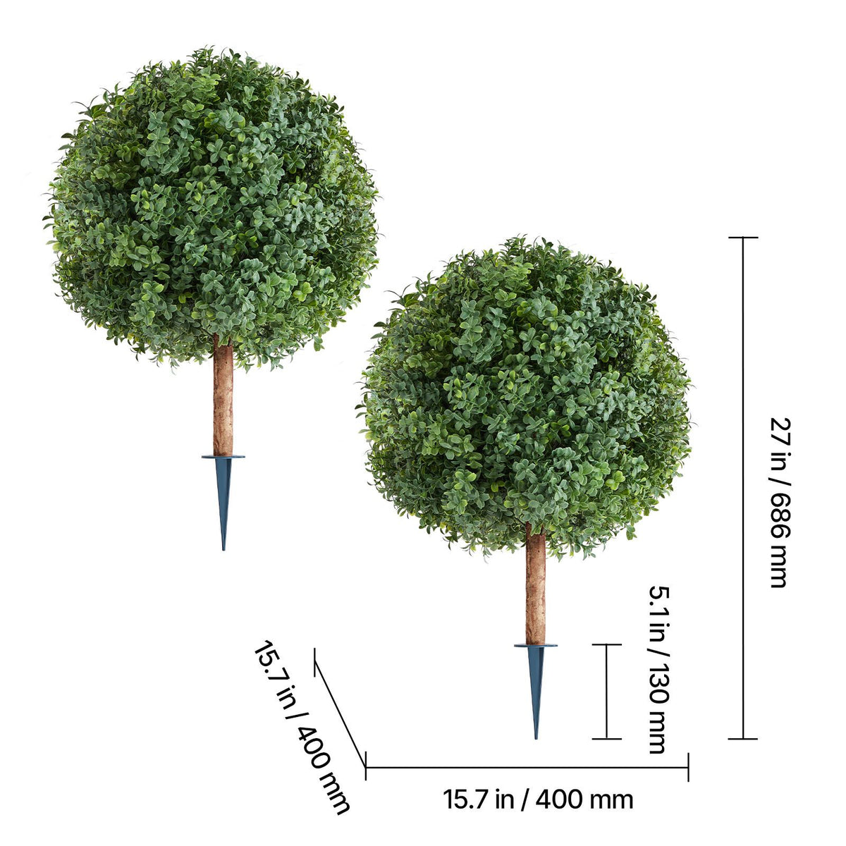 Artificial Topiary Boxwood Trees with Ground Spike, 2 Set 686mm Faux Shrubs & Bushes Potted Plants, Fake Silk Tree Look Real for Decor Front Porch Outdoor Indoor Patio Garden Balcony Backyard