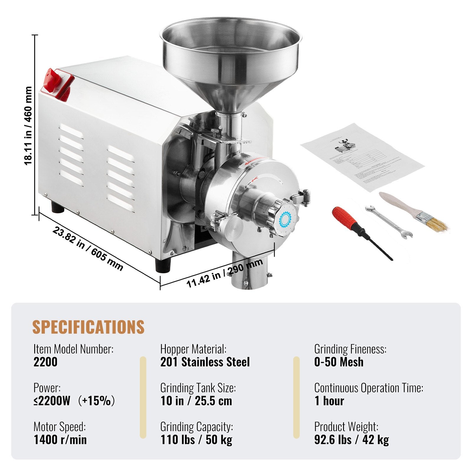 Grain Grind Mill Grain Grinding Machine 2200W Food Processing Machinery