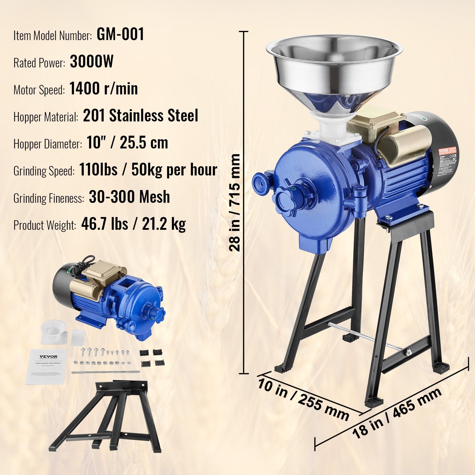 Gardening Tools: VEVOR 3000W Electric Grain Grinder Corn Wheat Flour Cereal Mill Dry Grinder