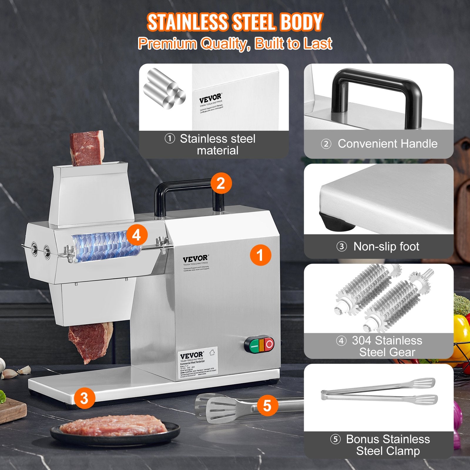 Commercial Meat Tenderizer, Heavy Duty Stainless Steel Kitchen Tool with Handle, Meat Tong, and Cleaning Brush, 450W Electric Meat Tenderizer Machine for Beef, Turkey, Chicken, Pork, and Fish