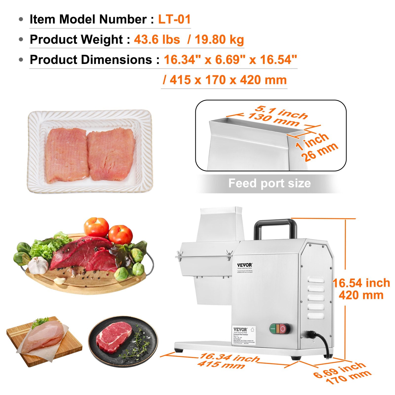 Commercial Meat Tenderizer, Heavy Duty Stainless Steel Kitchen Tool with Handle, Meat Tong, and Cleaning Brush, 450W Electric Meat Tenderizer Machine for Beef, Turkey, Chicken, Pork, and Fish